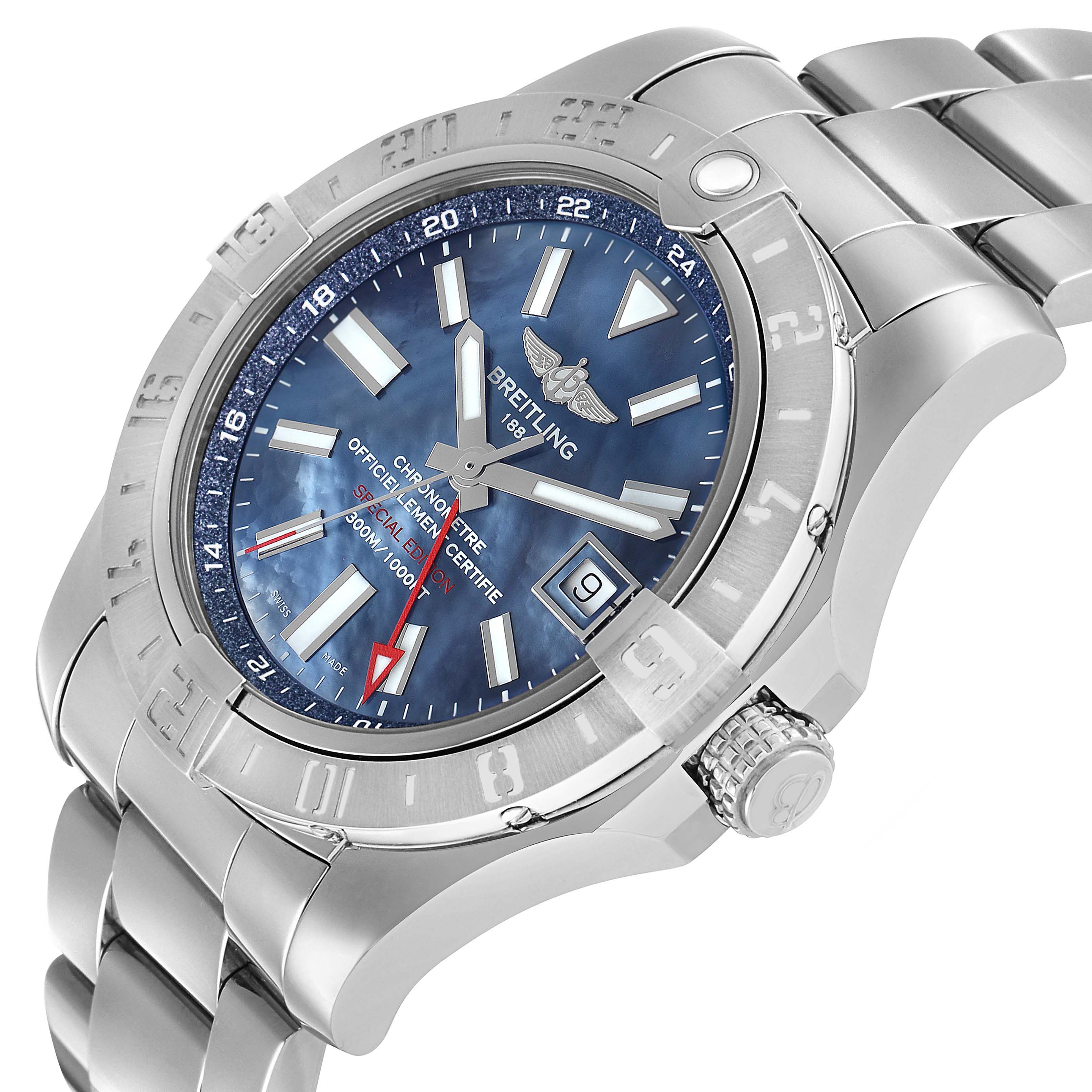 The Breitling Avenger A3239011/C930 Men's Stainless Steel Mother of Pearl Dial watch is shown at a three-quarter angle, highlighting the face, bezel, and metal bracelet.