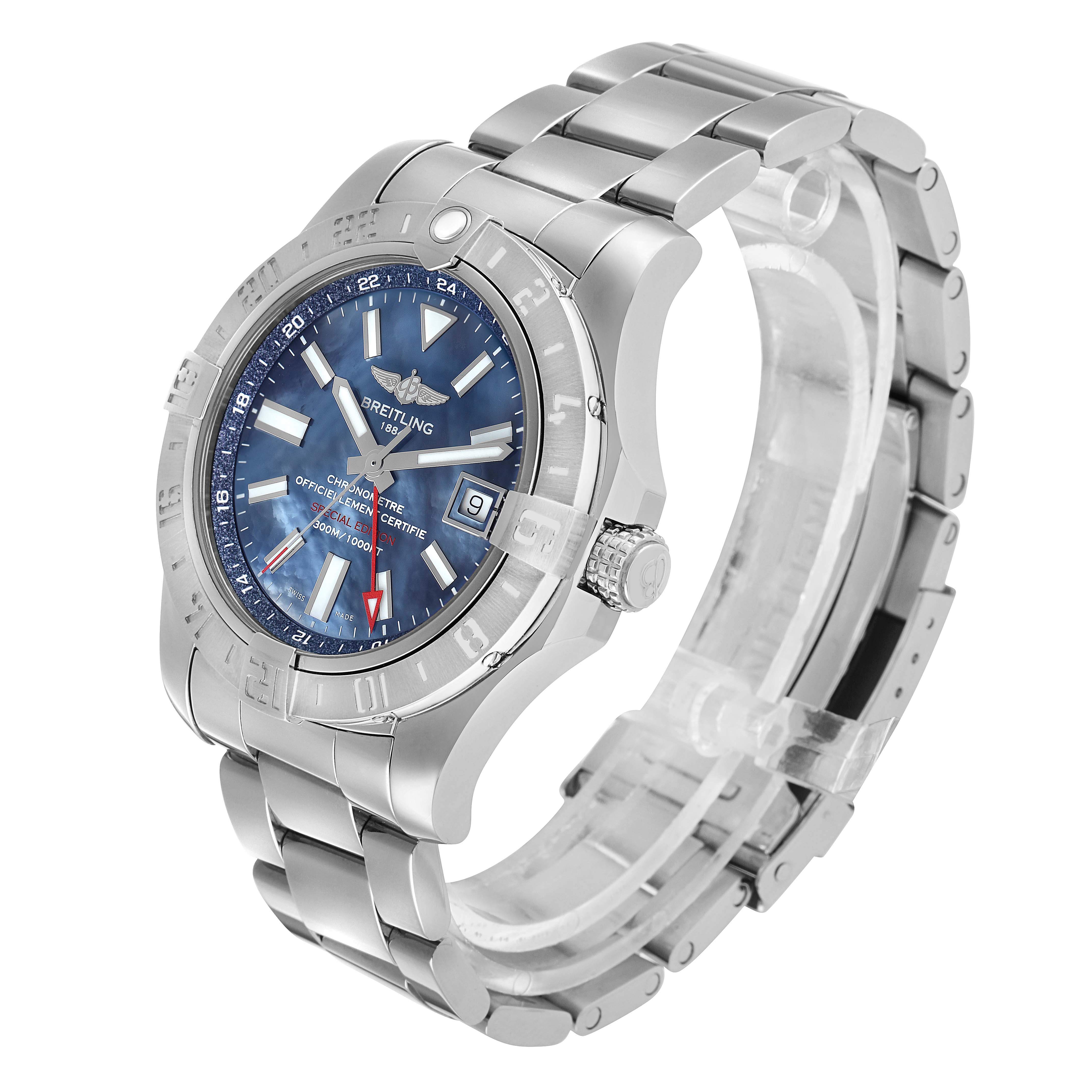 The Breitling Avenger A3239011/C930 Men's Stainless Steel Mother of Pearl Dial watch is shown at an angle highlighting the case, bezel, dial, bracelet, and crown.