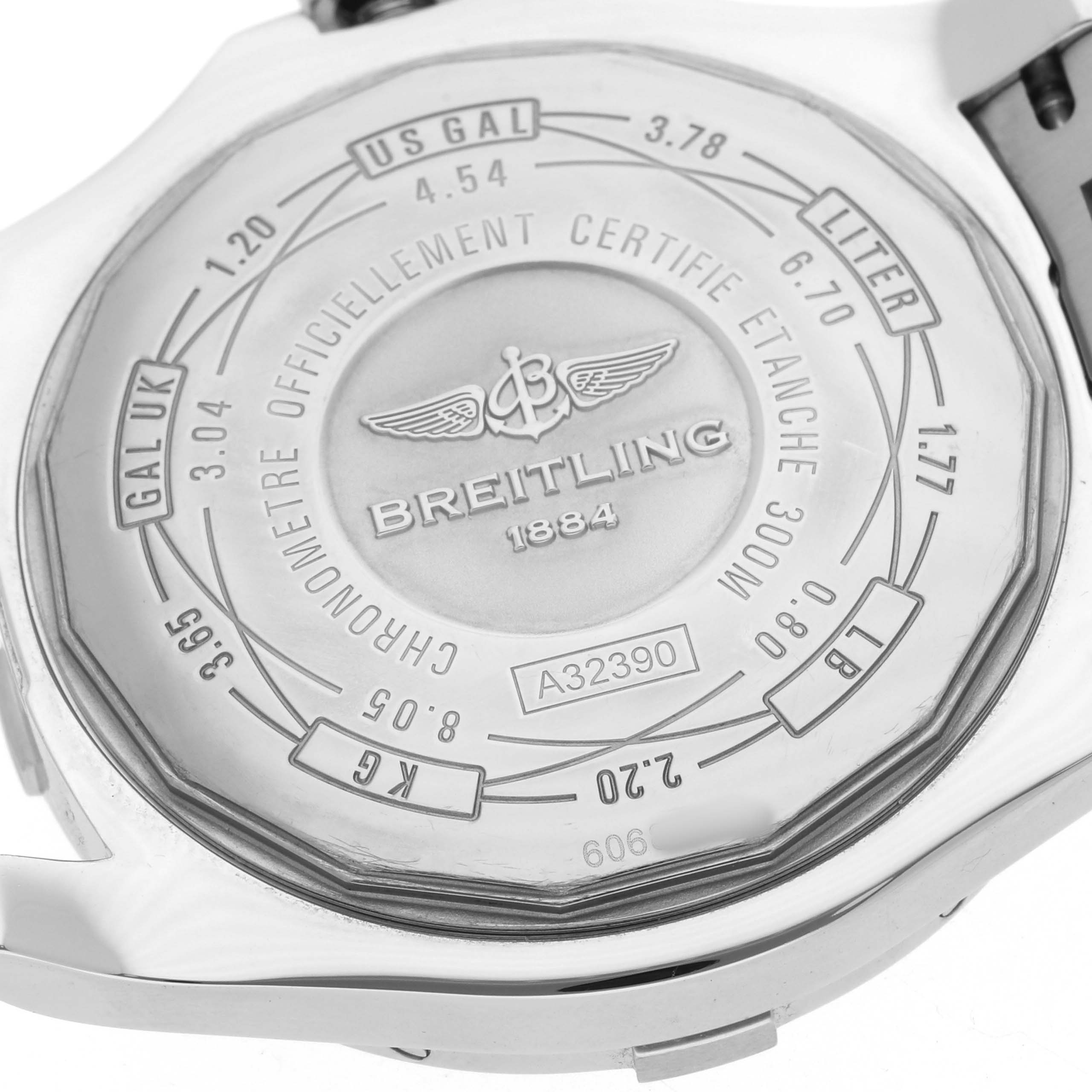 The image shows the back case of the Breitling Avenger A3239011/C930 Men's Stainless Steel Mother of Pearl Dial watch, featuring engravings with unit conversions and branding details.
