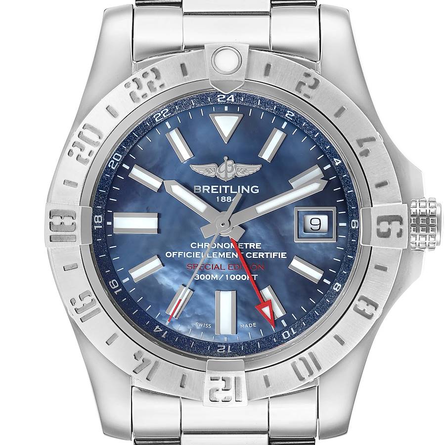 The image shows a front view of the Breitling Avenger A3239011/C930 Men's Stainless Steel Mother of Pearl Dial watch, highlighting its watch face, bezel, and bracelet.