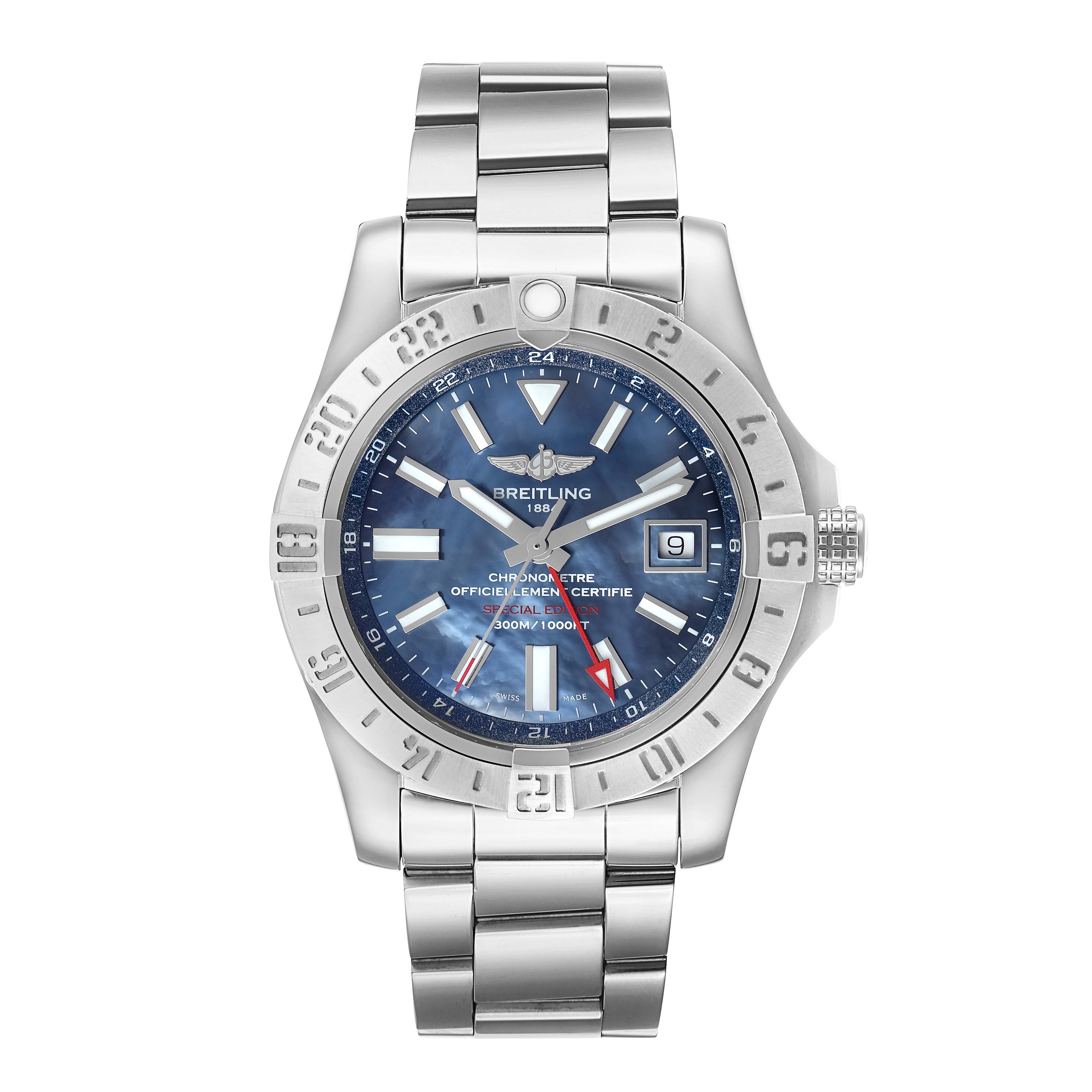 The Breitling Avenger A3239011/C930 Men's Stainless Steel Mother of Pearl Dial watch is shown from a top view, displaying its face, bezel, and metal bracelet in detail.
