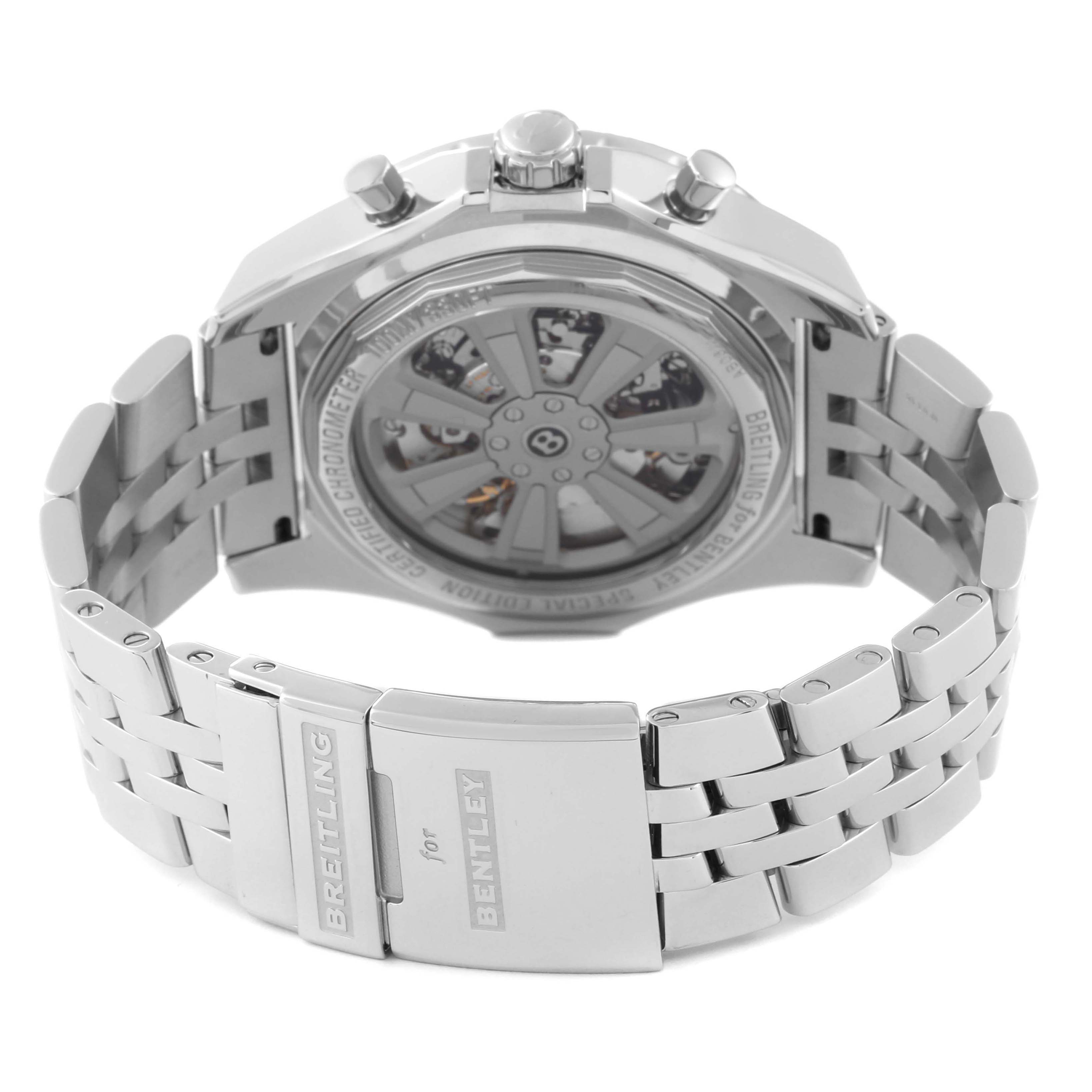 The Bentley model by Breitling is shown from the back, highlighting the open case back, clasp, and bracelet.
