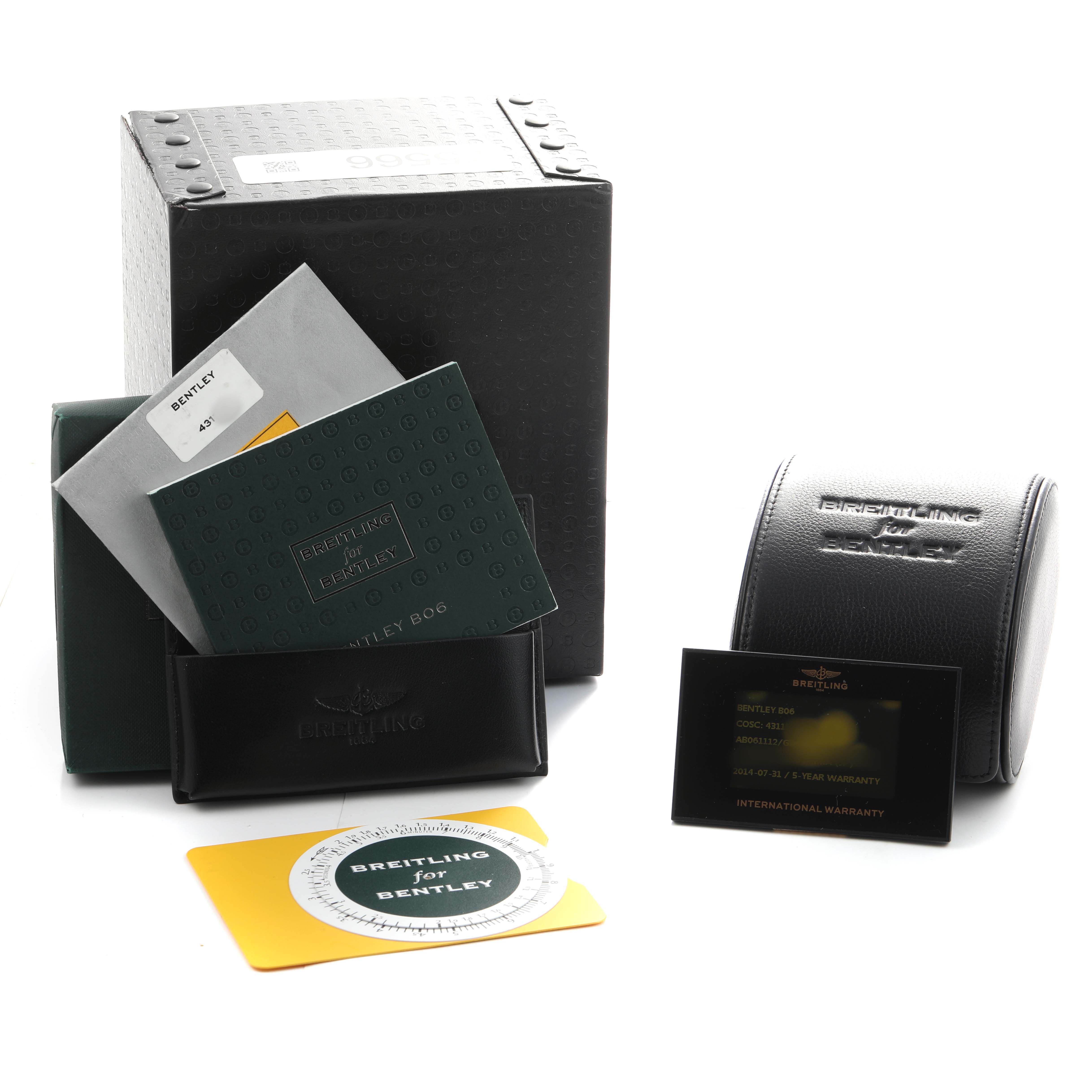 The image shows packaging and accessories for a Breitling Bentley AB061112/G768-990A Men's Stainless Steel Silver Dial watch, including boxes, booklets, and a warranty card.