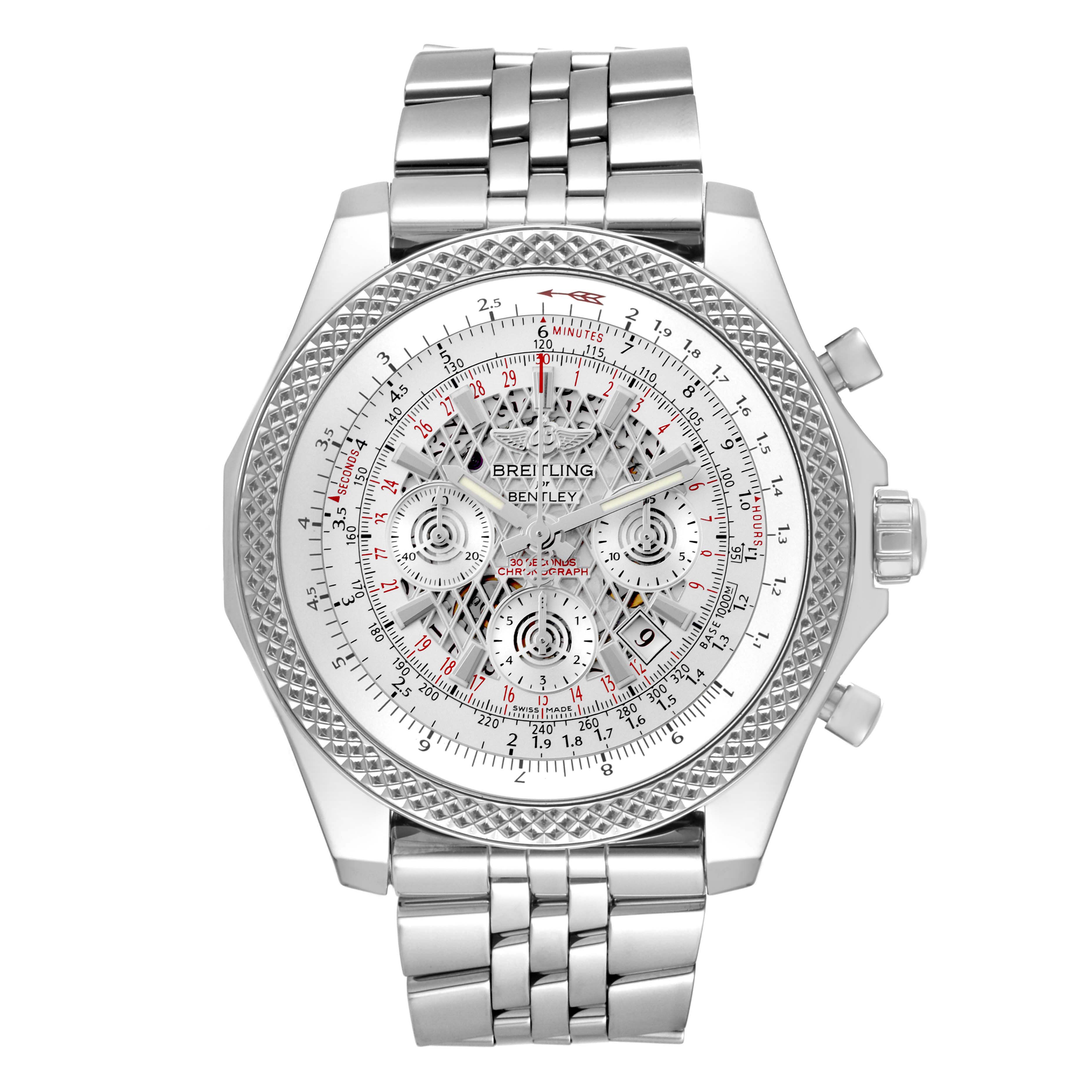 The Breitling Bentley AB061112/G768-990A Men's Stainless Steel Silver Dial watch is shown from a front angle, featuring the dial, bezel, crown, and part of the bracelet.