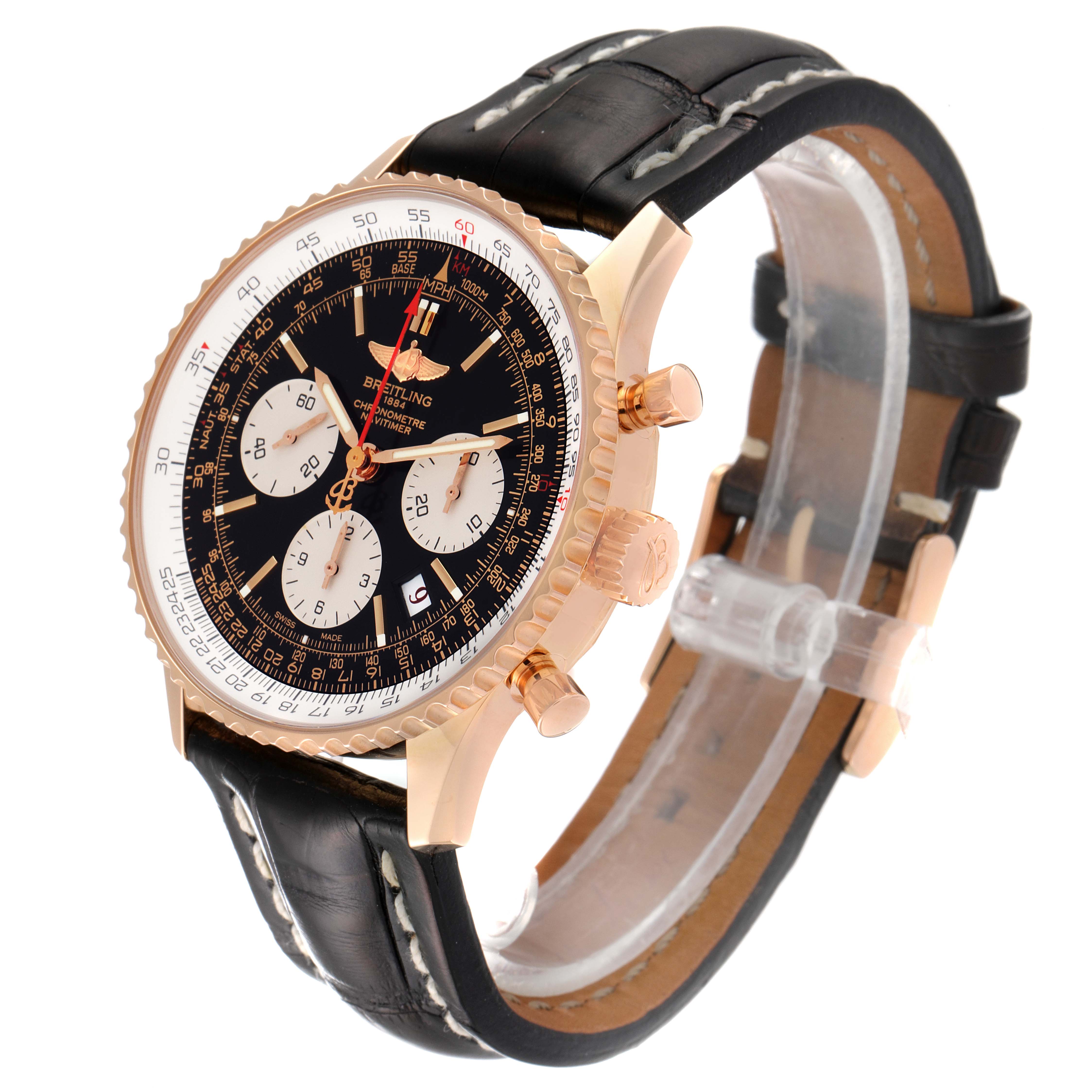 The image shows a Breitling Navitimer RB0121 Men's Rose Gold Black Dial RB0121 Men's Rose Gold Black Dial watch at a slight angle, highlighting the face, crown, pushers, and black leather strap.