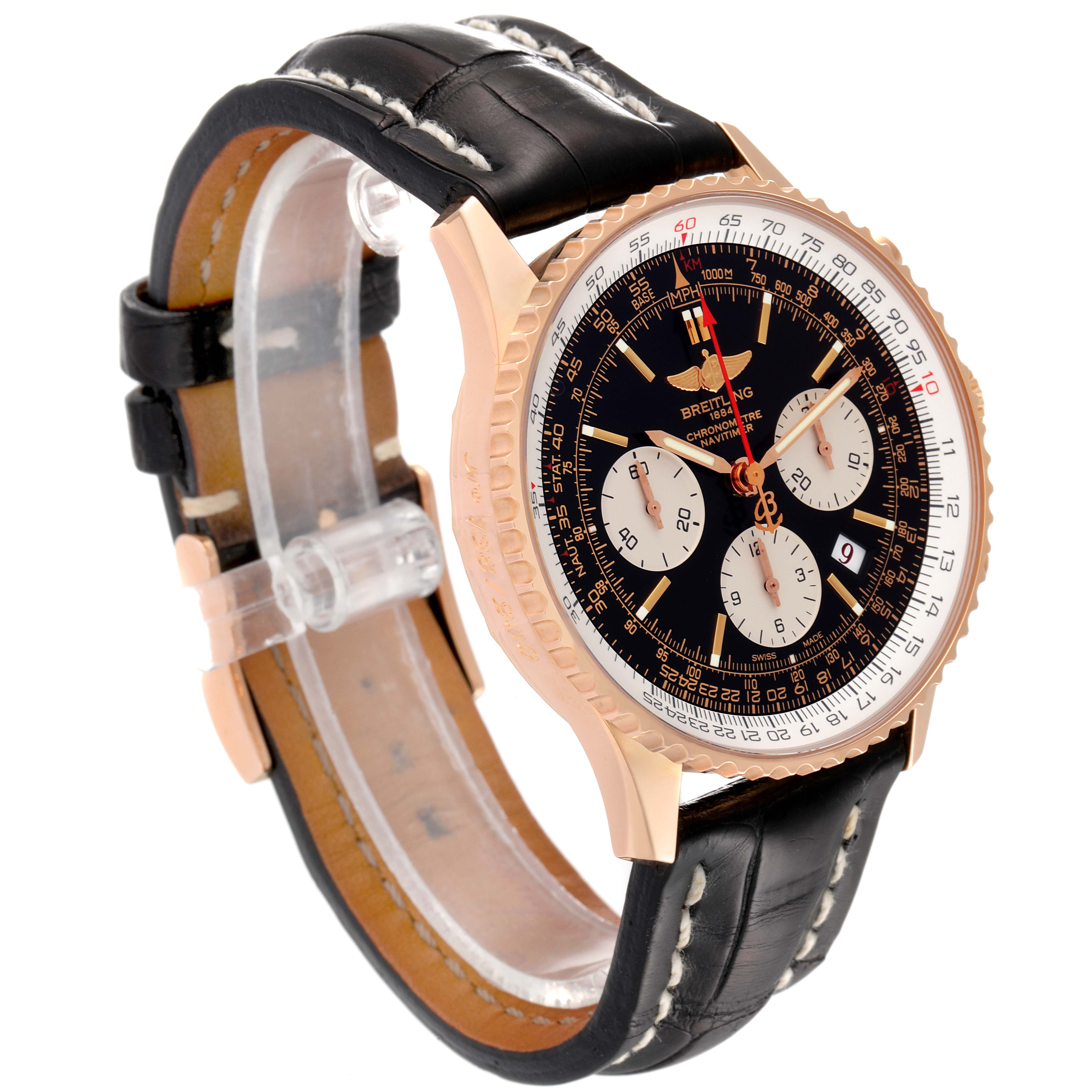 The Breitling Navitimer RB0121 Men's Rose Gold Black Dial RB0121 Men's Rose Gold Black Dial watch is shown from a slight side angle, highlighting its face, gold bezel, and black leather strap.