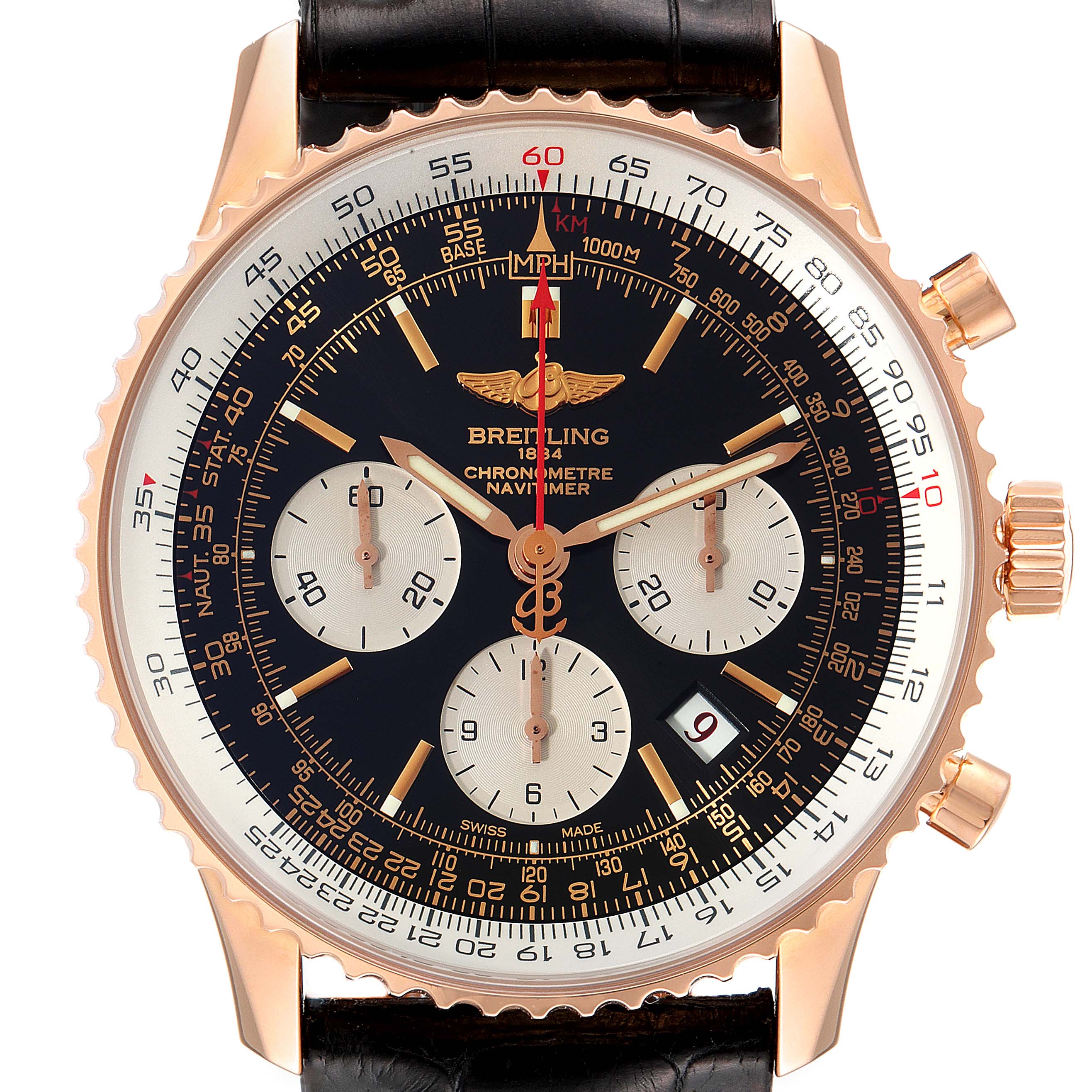 The image shows a Breitling Navitimer RB0121 Men's Rose Gold Black Dial RB0121 Men's Rose Gold Black Dial model watch from a front angle, displaying the dial, chronograph subdials, and bezel.