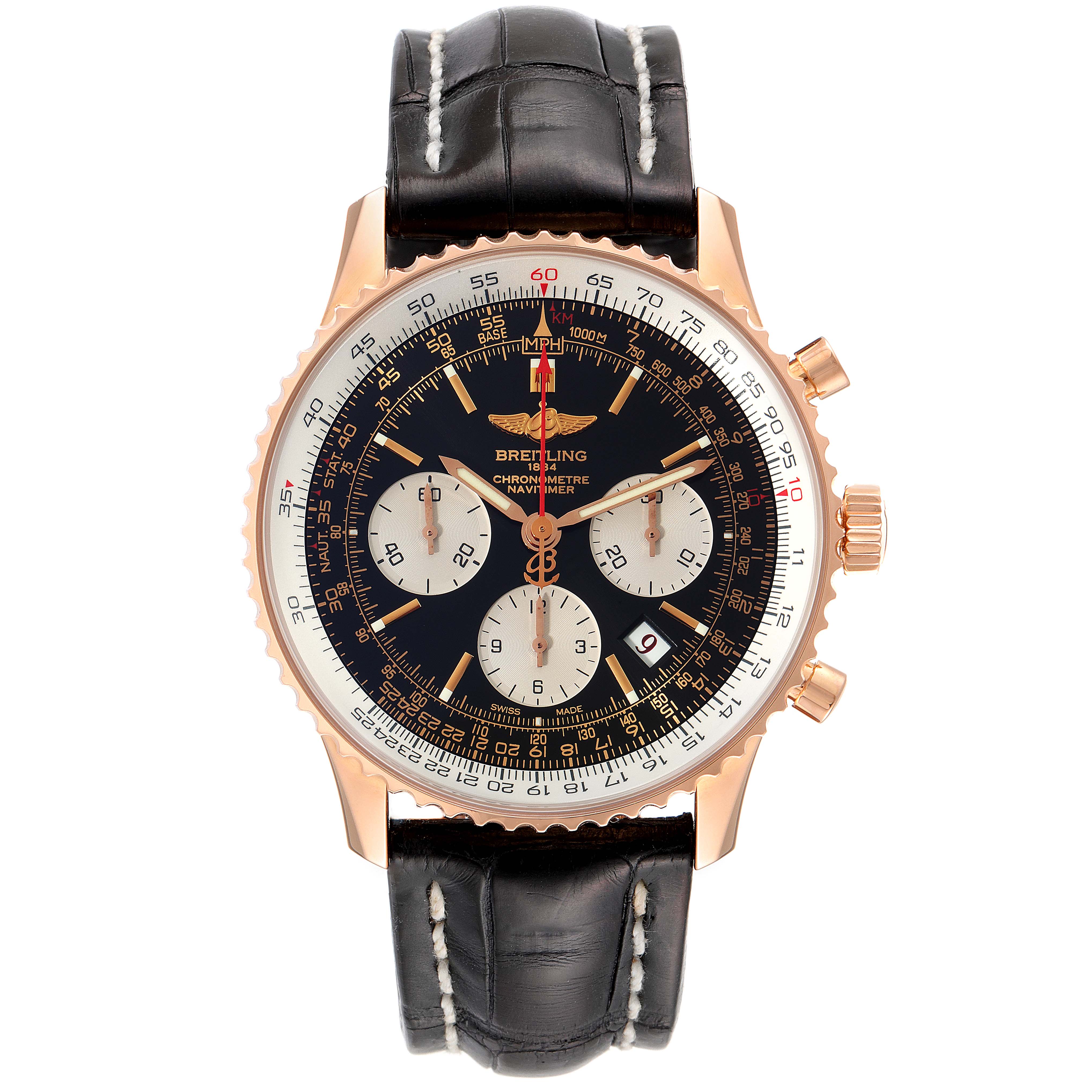This image shows a front view of the Breitling Navitimer RB0121 Men's Rose Gold Black Dial RB0121 Men's Rose Gold Black Dial watch, displaying its face, bezel, and strap.