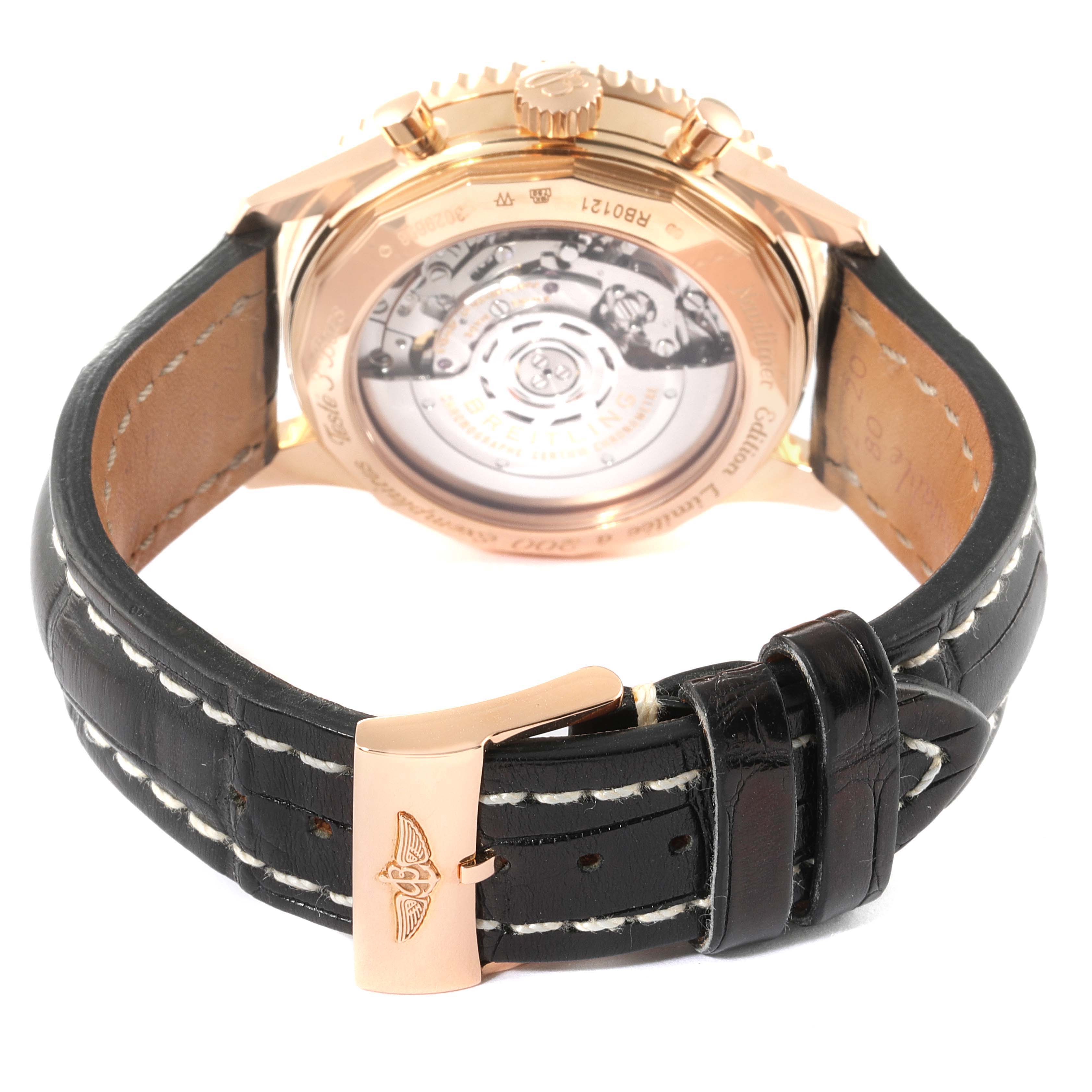 The image shows the back of the Breitling Navitimer RB0121 Men's Rose Gold Black Dial RB0121 Men's Rose Gold Black Dial watch, highlighting the leather strap and transparent case back with visible movement.