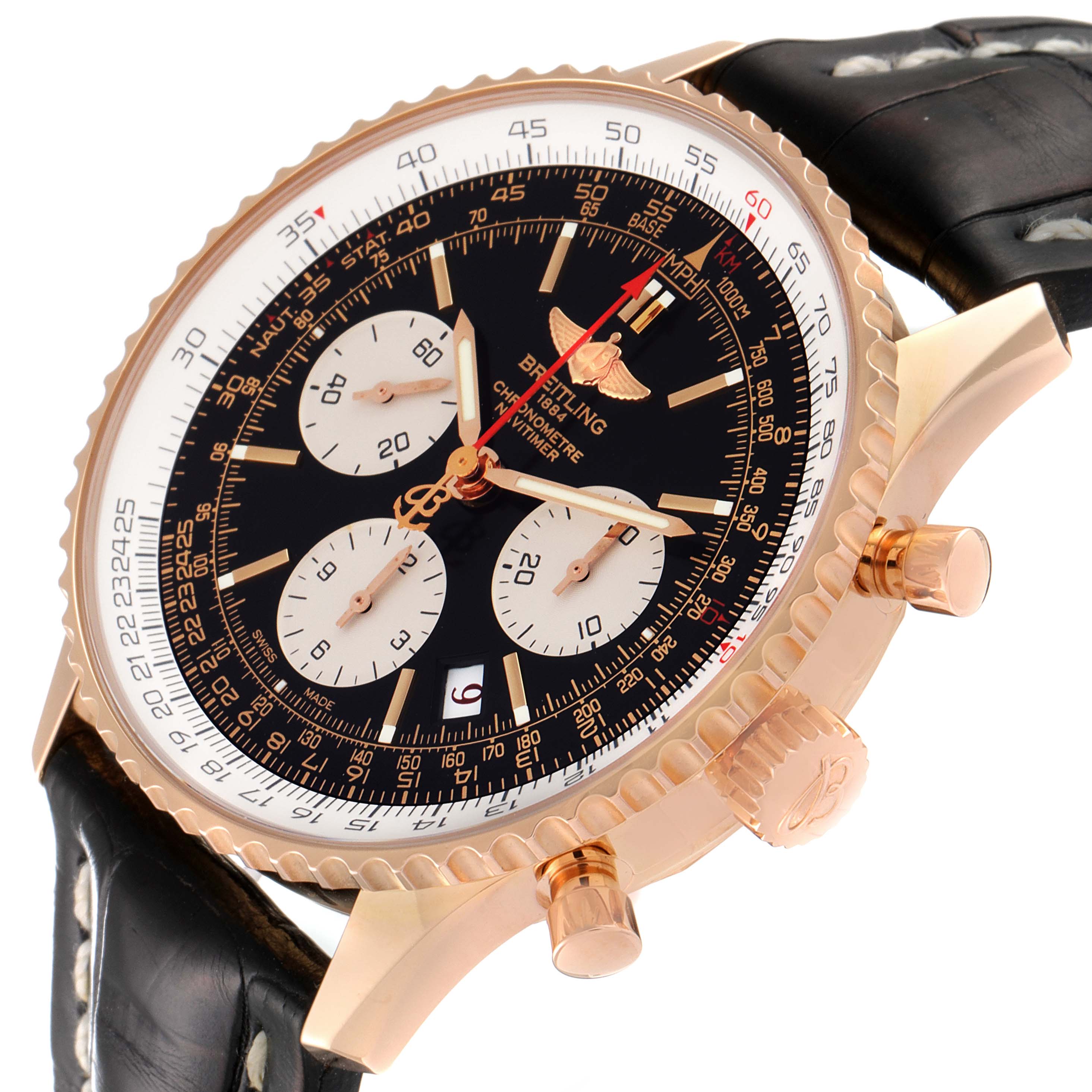 This image shows a close-up side angle of the Breitling Navitimer RB0121 Men's Rose Gold Black Dial RB0121 Men's Rose Gold Black Dial watch, highlighting its bezel, dial, crown, and leather strap.
