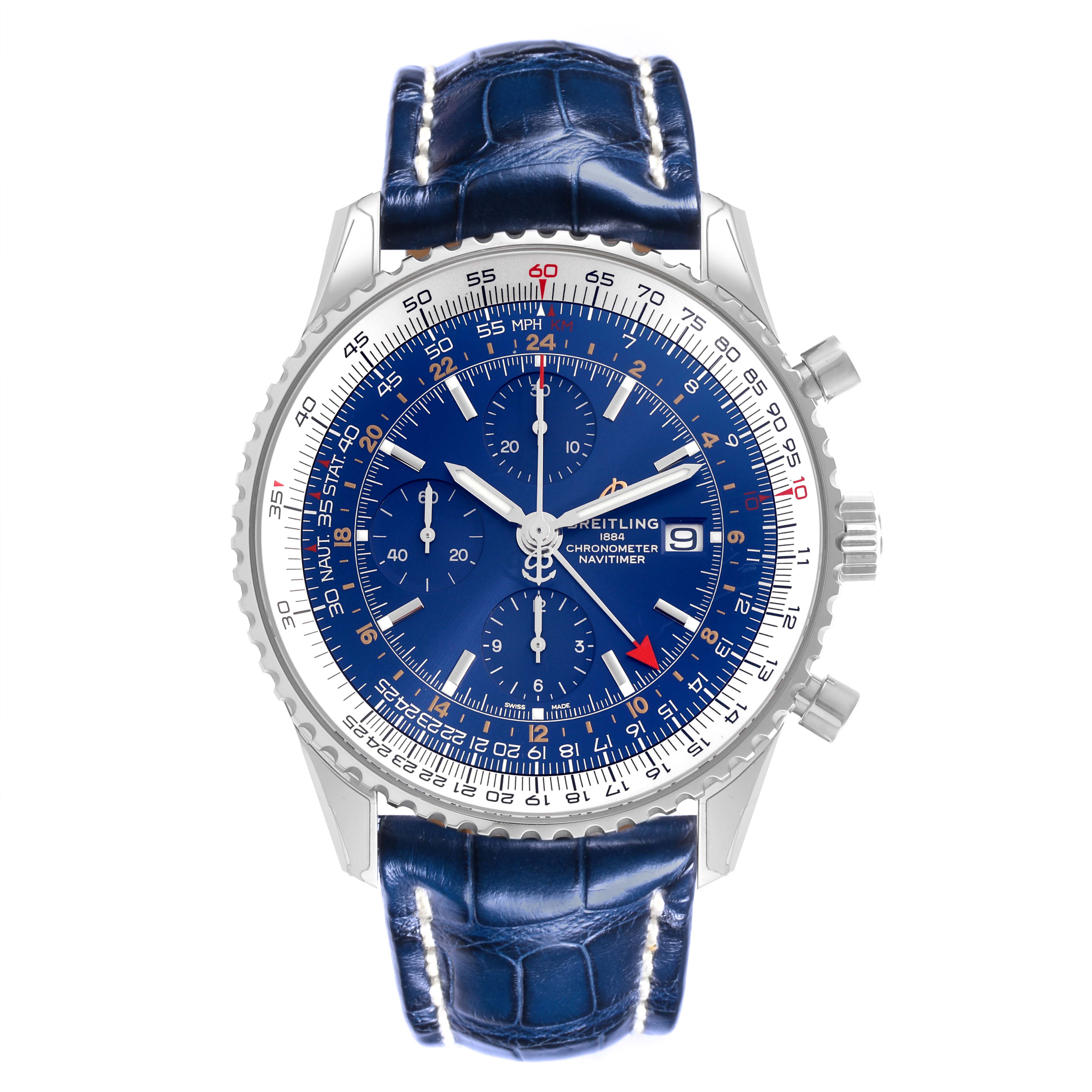 The Breitling Navitimer A24322 Men's Stainless Steel Blue Dial A24322 Men's Stainless Steel Blue Dial watch is shown from the front, displaying the dial, bezel, three subdials, and blue strap.