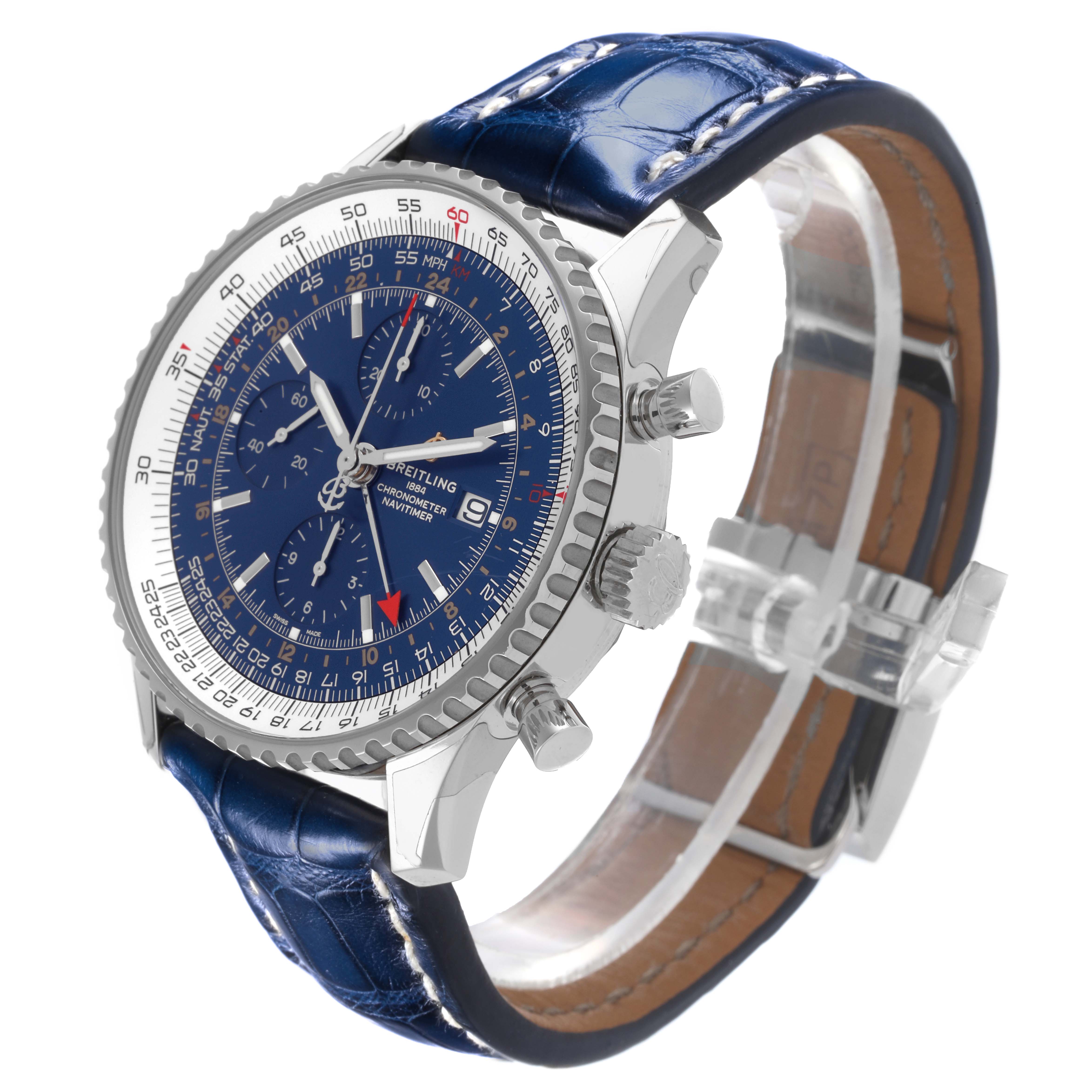 The Breitling Navitimer A24322 Men's Stainless Steel Blue Dial A24322 Men's Stainless Steel Blue Dial watch is shown at a slight angle, displaying the face, bezel, crown, pushers, and blue leather strap.