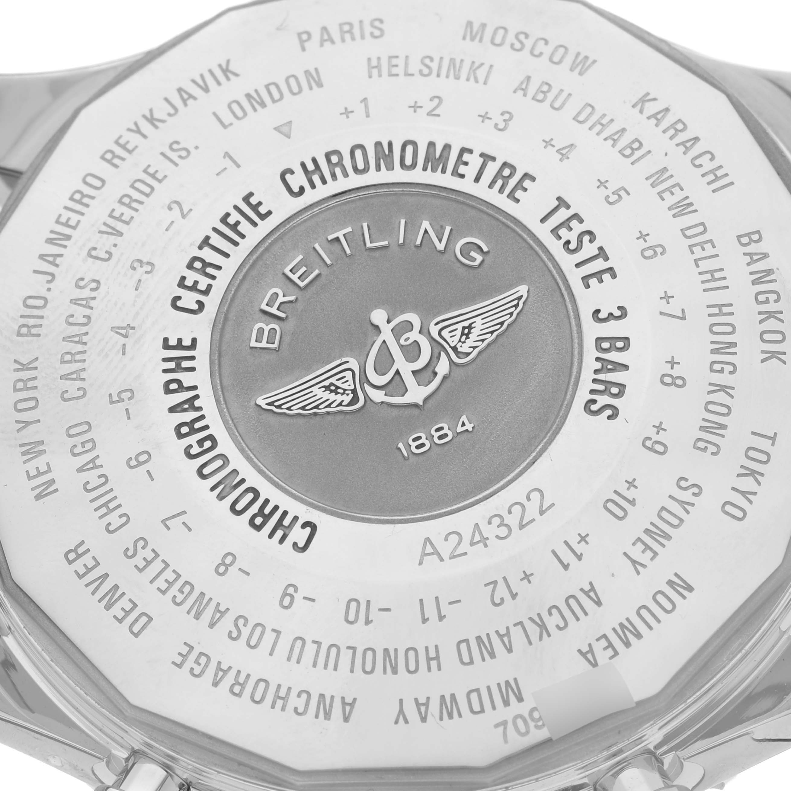 The image shows the back of the Breitling Navitimer A24322 Men's Stainless Steel Blue Dial A24322 Men's Stainless Steel Blue Dial watch, featuring world time zones and branding details.