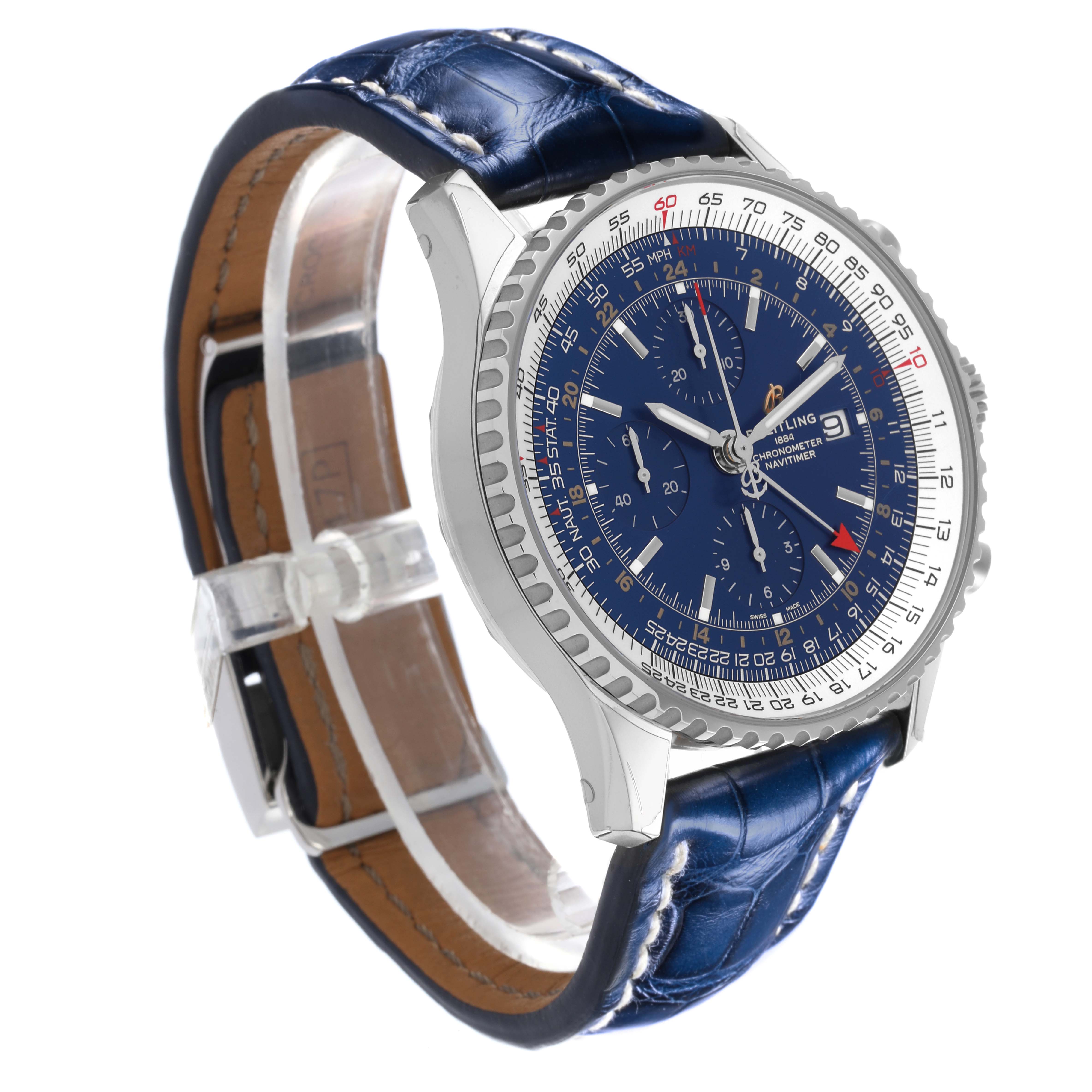 The Breitling Navitimer A24322 Men's Stainless Steel Blue Dial A24322 Men's Stainless Steel Blue Dial watch is shown at a three-quarter angle, highlighting the face, bezel, and blue leather strap.