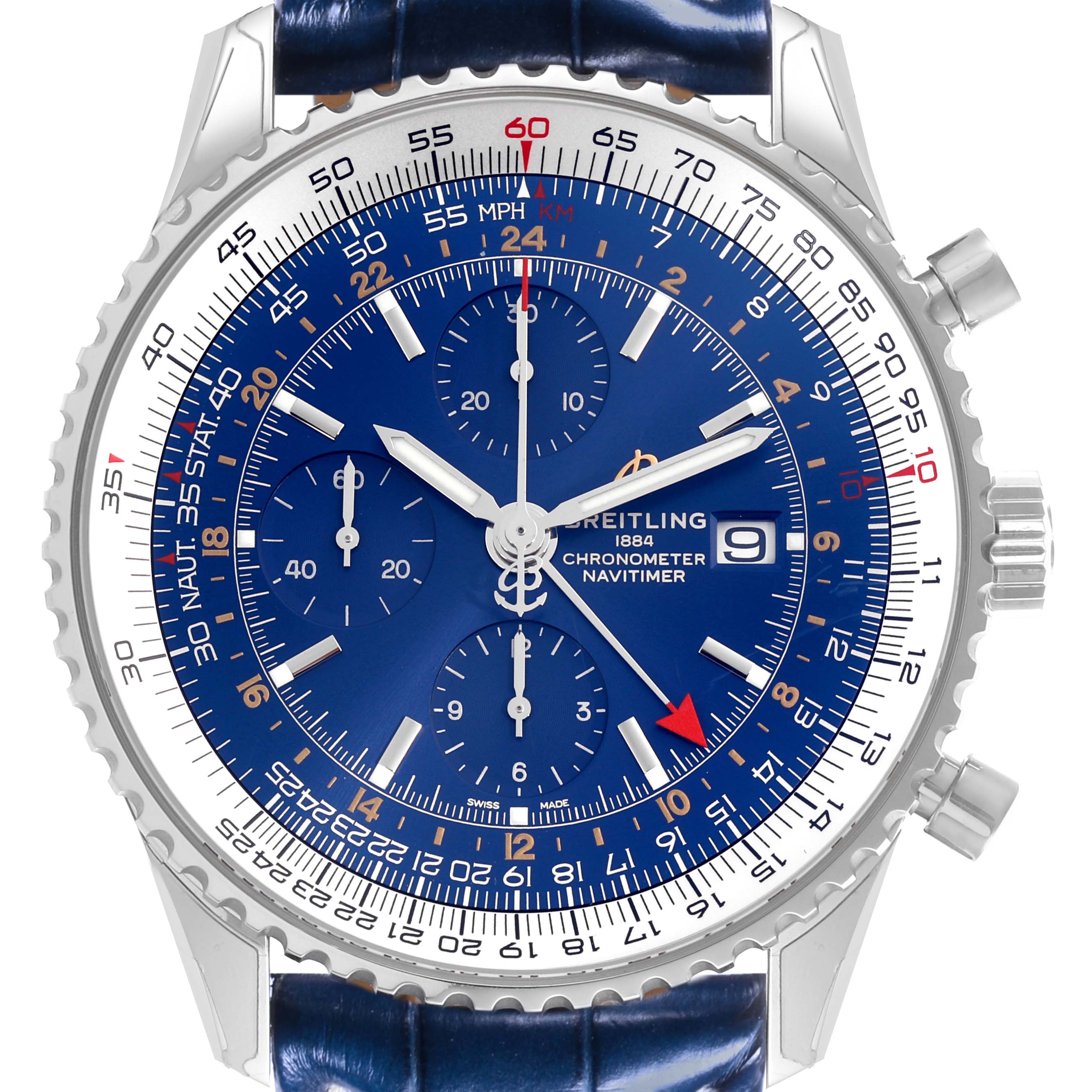 The Breitling Navitimer A24322 Men's Stainless Steel Blue Dial A24322 Men's Stainless Steel Blue Dial watch is shown from a frontal angle, highlighting the dial, bezel, sub-dials, hands, and crown.