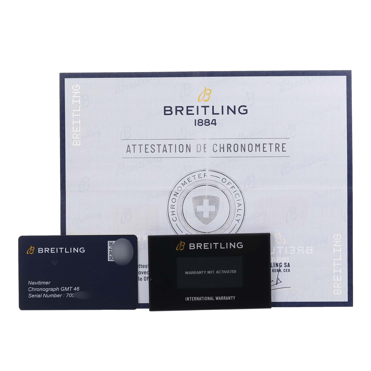 The image shows Breitling Navitimer A24322 Men's Stainless Steel Blue Dial A24322 Men's Stainless Steel Blue Dial documentation, including a warranty card and chronometer attestation.