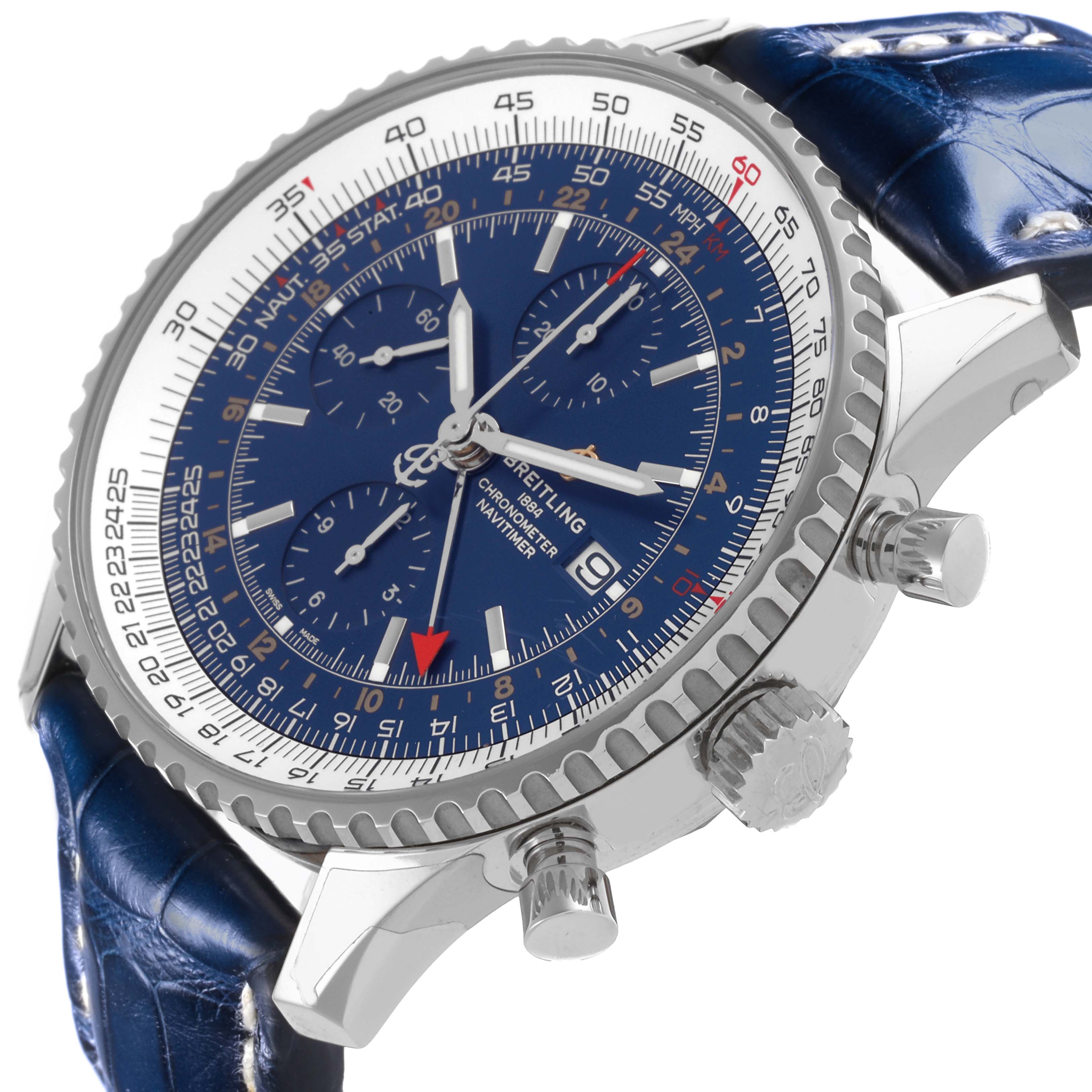 The Breitling Navitimer A24322 Men's Stainless Steel Blue Dial A24322 Men's Stainless Steel Blue Dial watch is shown at a side angle, highlighting the blue face, bezel, crown, pushers, and blue leather strap.
