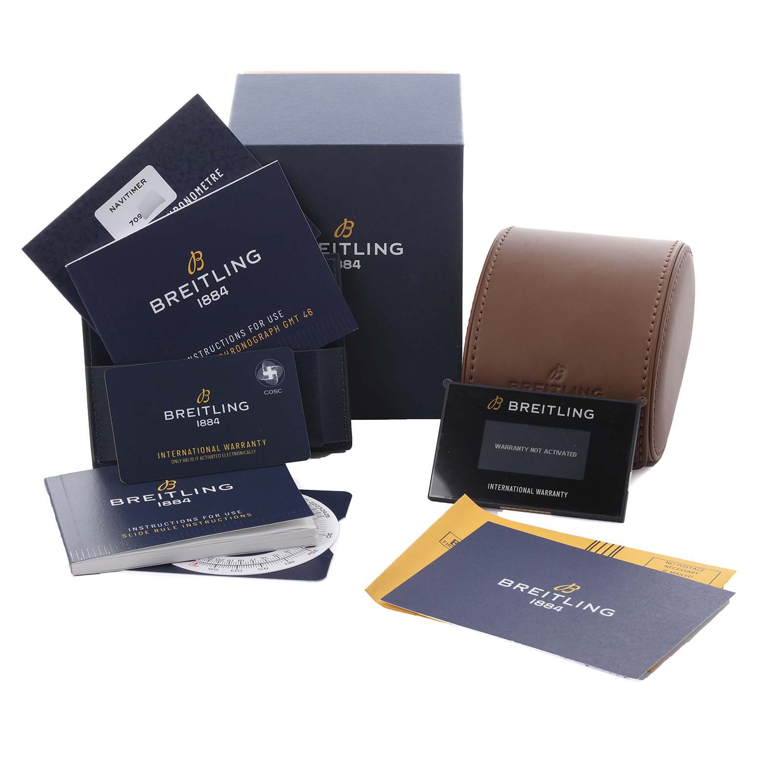 The image shows Breitling Navitimer A24322 Men's Stainless Steel Blue Dial A24322 Men's Stainless Steel Blue Dial packaging, including a box, case, and various warranty and instruction materials.