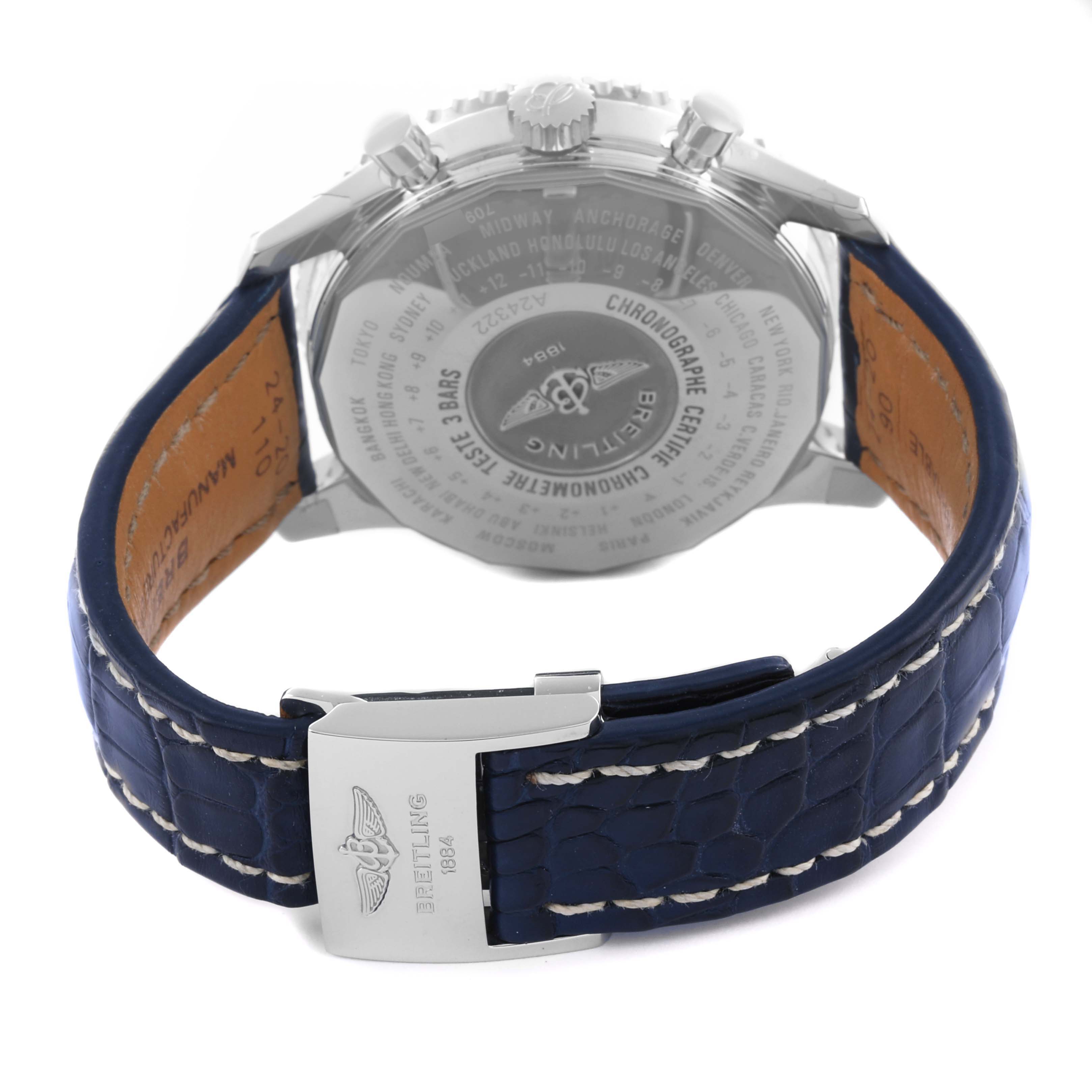 The image shows the back of a Breitling Navitimer A24322 Men's Stainless Steel Blue Dial A24322 Men's Stainless Steel Blue Dial watch, focusing on the case back and blue leather strap.
