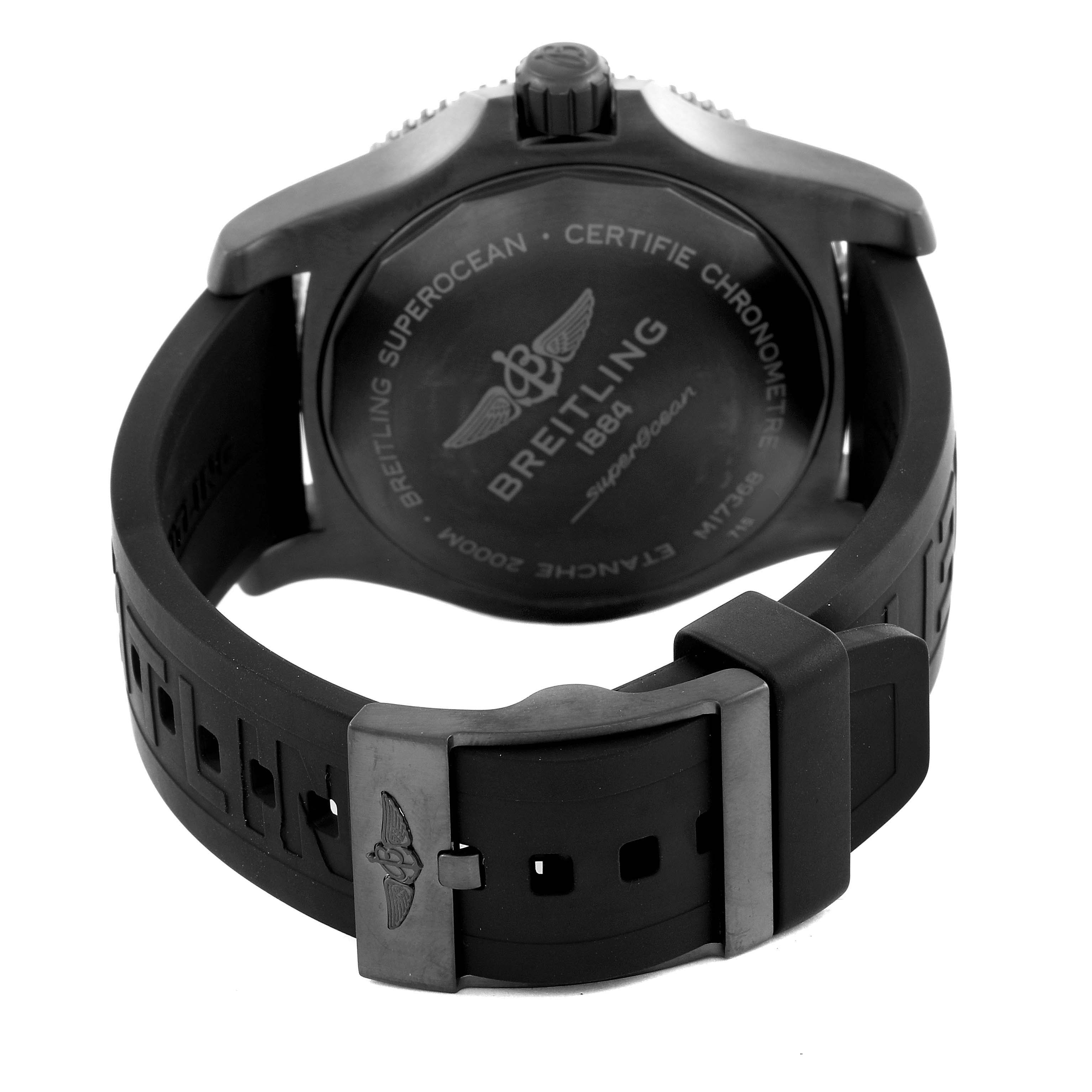 The Breitling Superocean M17368 Men's Stainless Steel Yellow Dial M17368 Men's Stainless Steel Yellow Dial watch is shown from the back, highlighting the case back and rubber strap with a buckle.