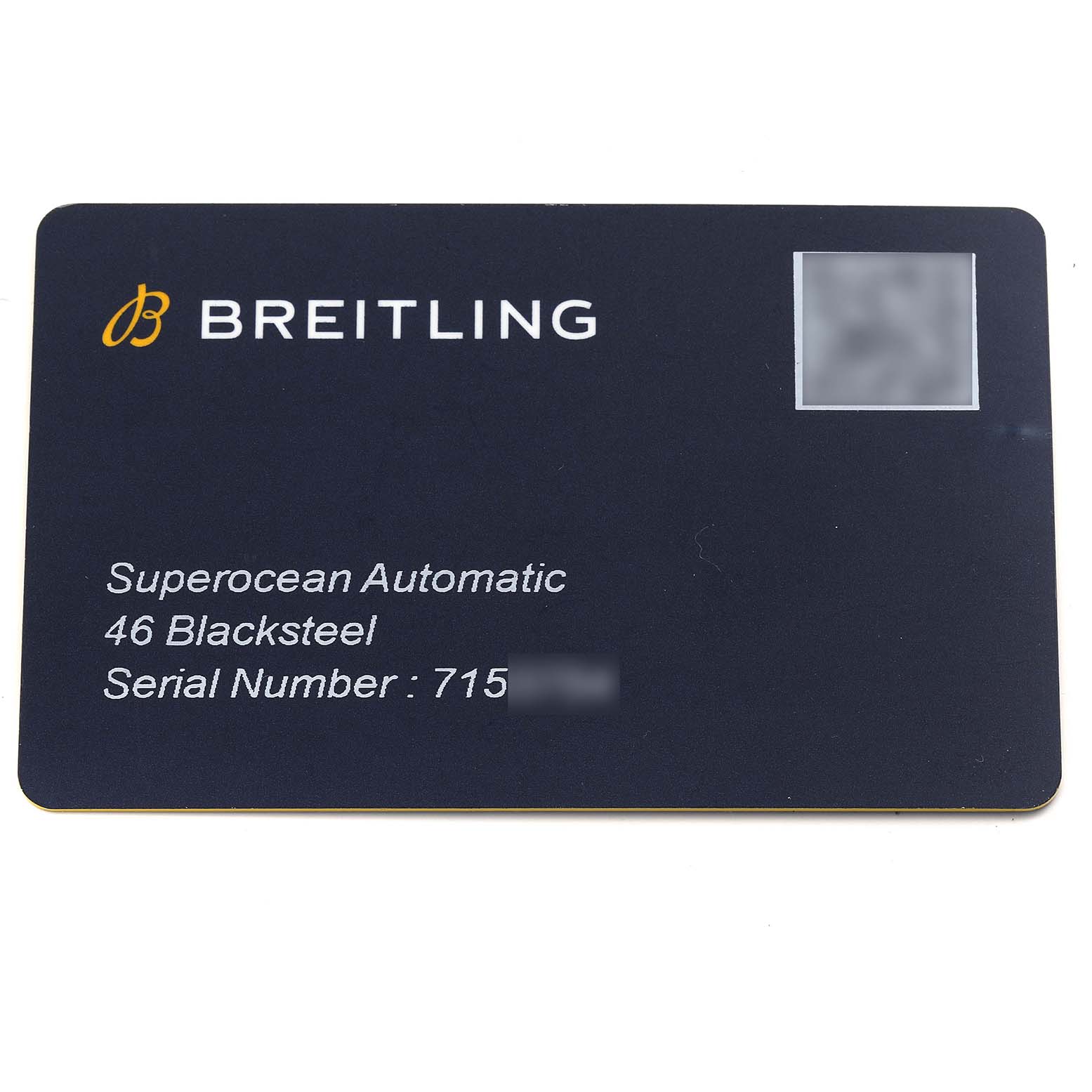 The image shows an identification card for the Breitling Superocean M17368 Men's Stainless Steel Yellow Dial M17368 Men's Stainless Steel Yellow Dial Automatic 46 Blacksteel, displaying the model and serial number.