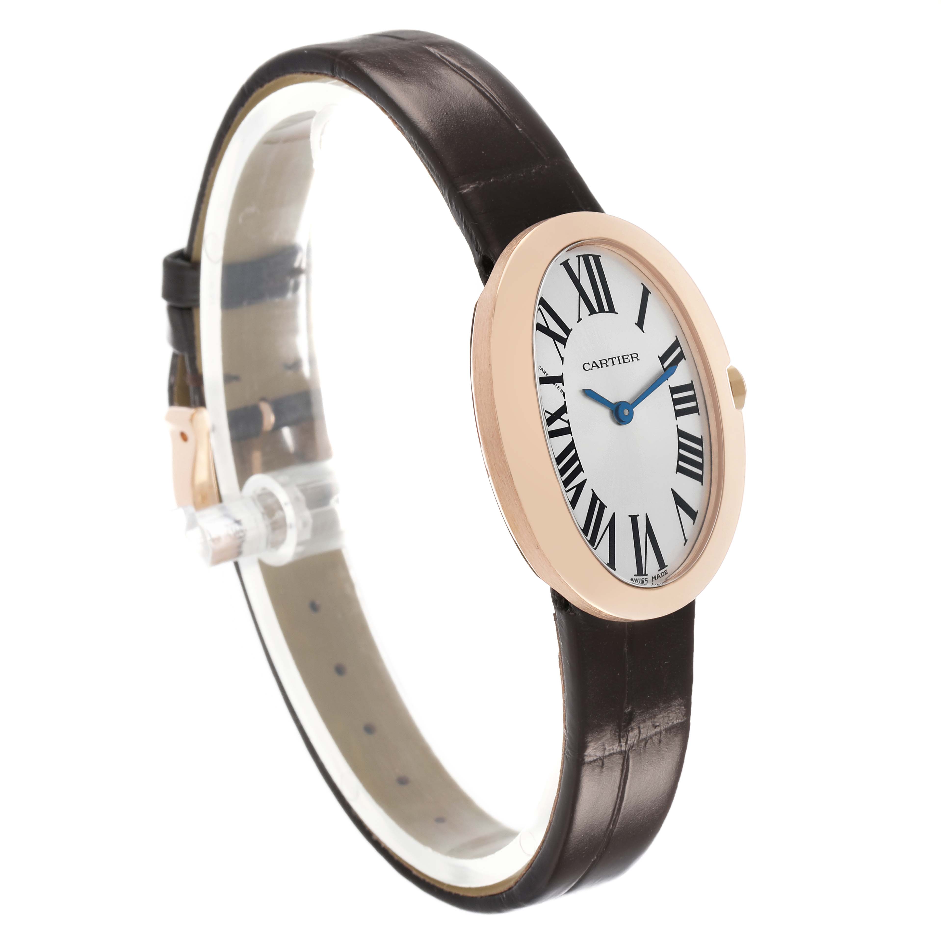 The Cartier Baignoire W8000007 Women's Rose Gold Silver Dial watch is shown at a slight angle, highlighting the oval face, gold bezel, brown strap, and Roman numerals.
