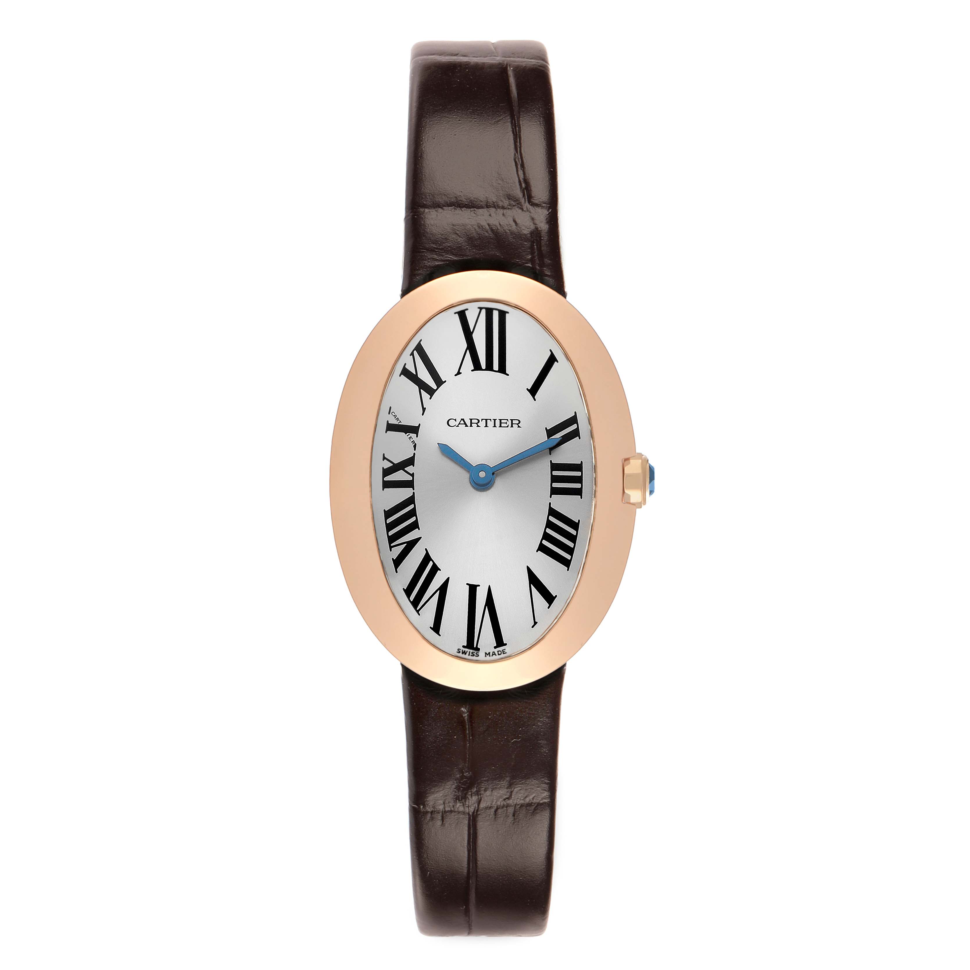 The Cartier Baignoire W8000007 Women's Rose Gold Silver Dial watch is shown from the front, displaying its oval face, Roman numerals, and leather strap.