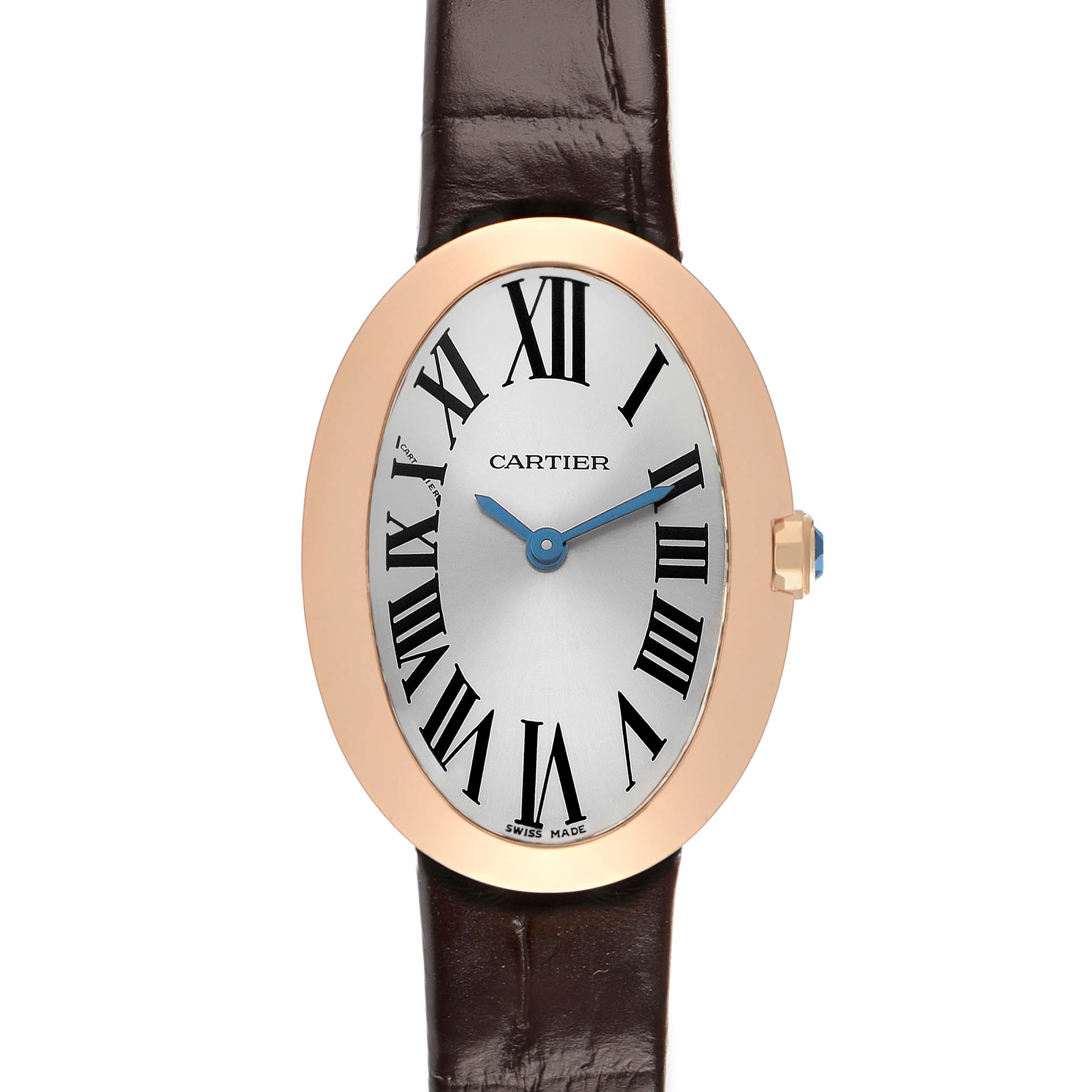 The Cartier Baignoire W8000007 Women's Rose Gold Silver Dial watch is shown from a front angle, highlighting its oval face, Roman numerals, and leather strap.