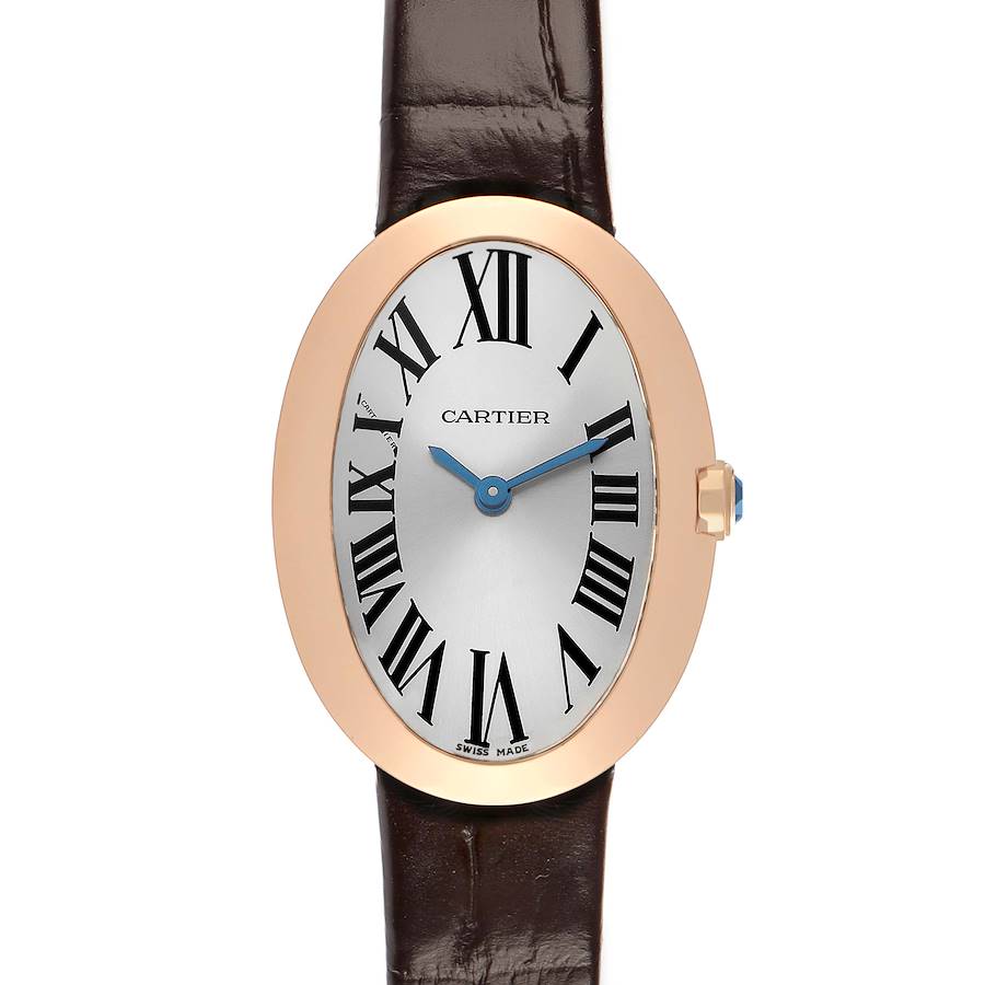 The Cartier Baignoire W8000007 Women's Rose Gold Silver Dial watch is shown from a front angle, highlighting its oval face, Roman numerals, and leather strap.