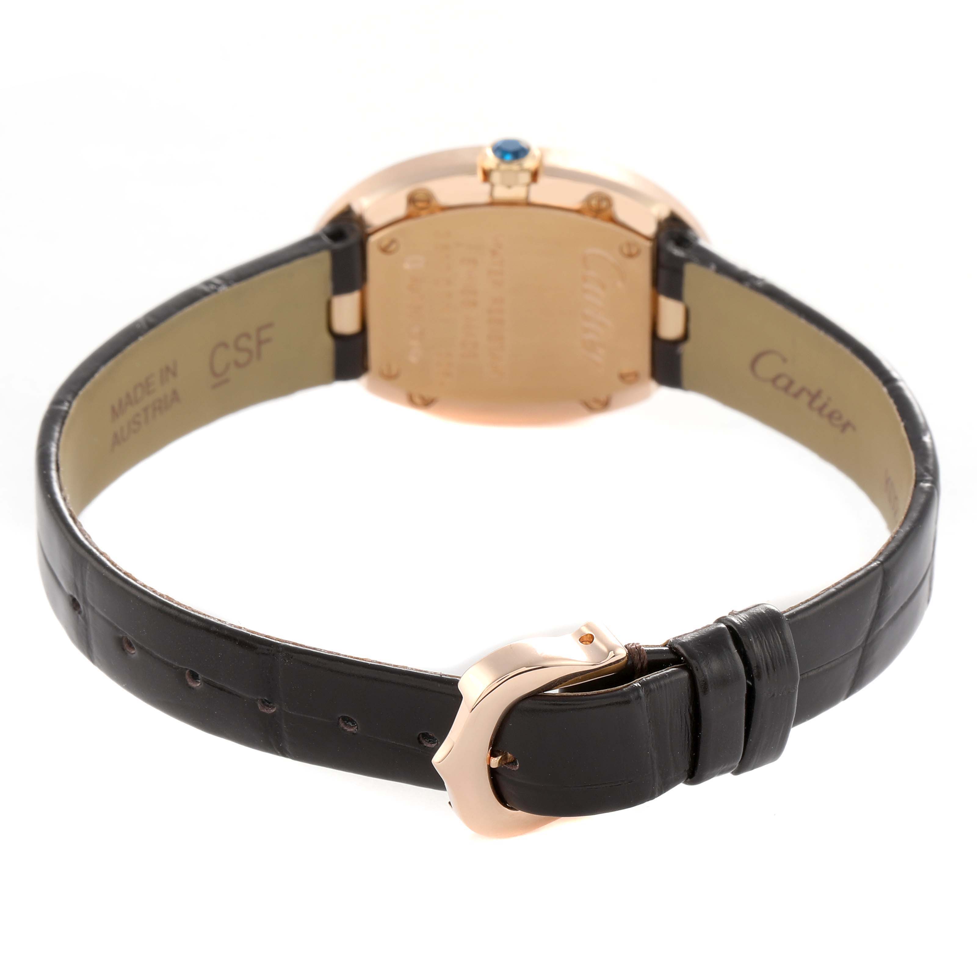 The image shows the back of the Cartier Baignoire W8000007 Women's Rose Gold Silver Dial watch, highlighting the clasp and case back.