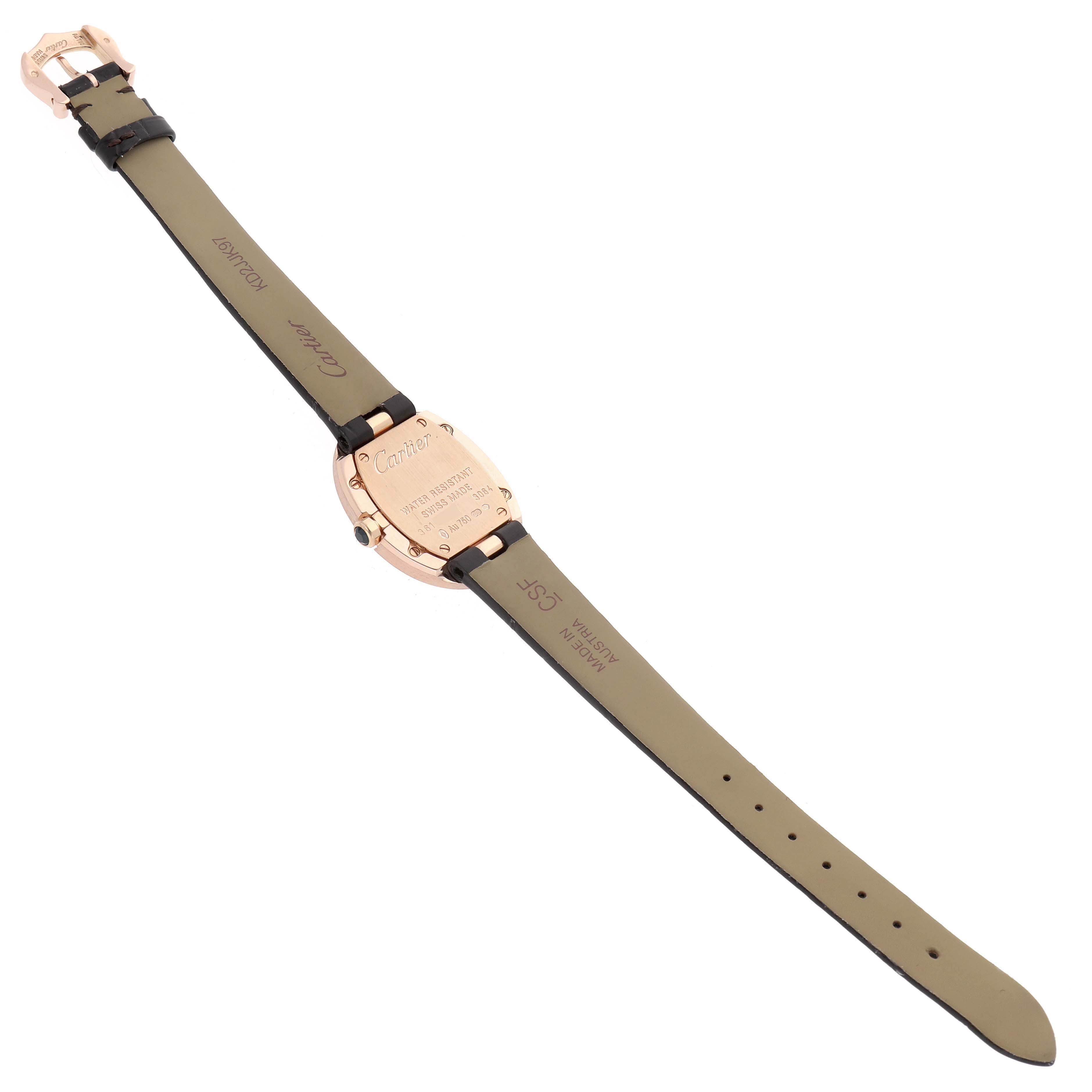 The image shows a Cartier Baignoire W8000007 Women's Rose Gold Silver Dial watch from the back, displaying the case back, strap, and buckle.