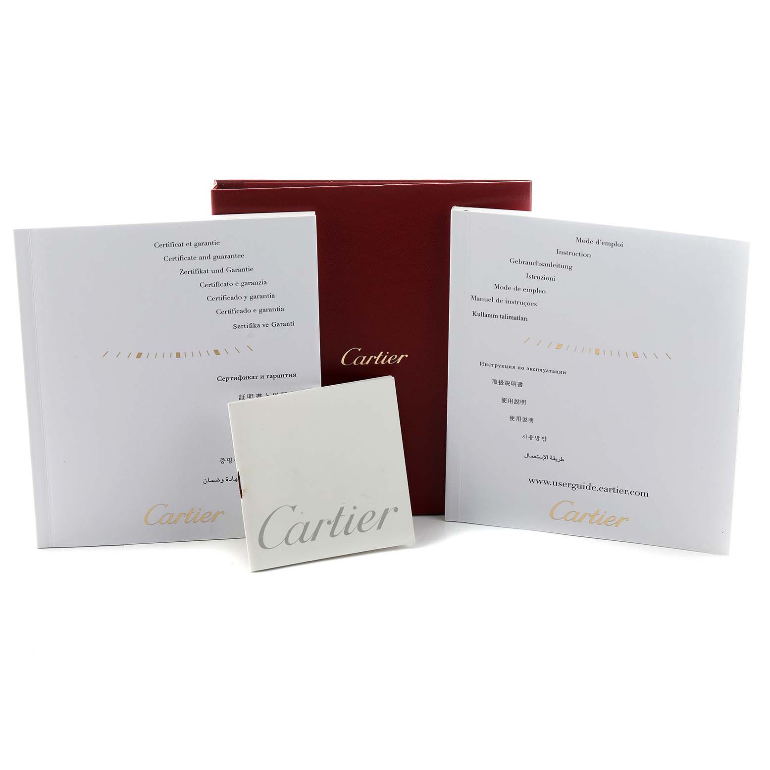 The image shows the Cartier Baignoire W8000007 Women's Rose Gold Silver Dial packaging including manuals and a red box from a front angle.