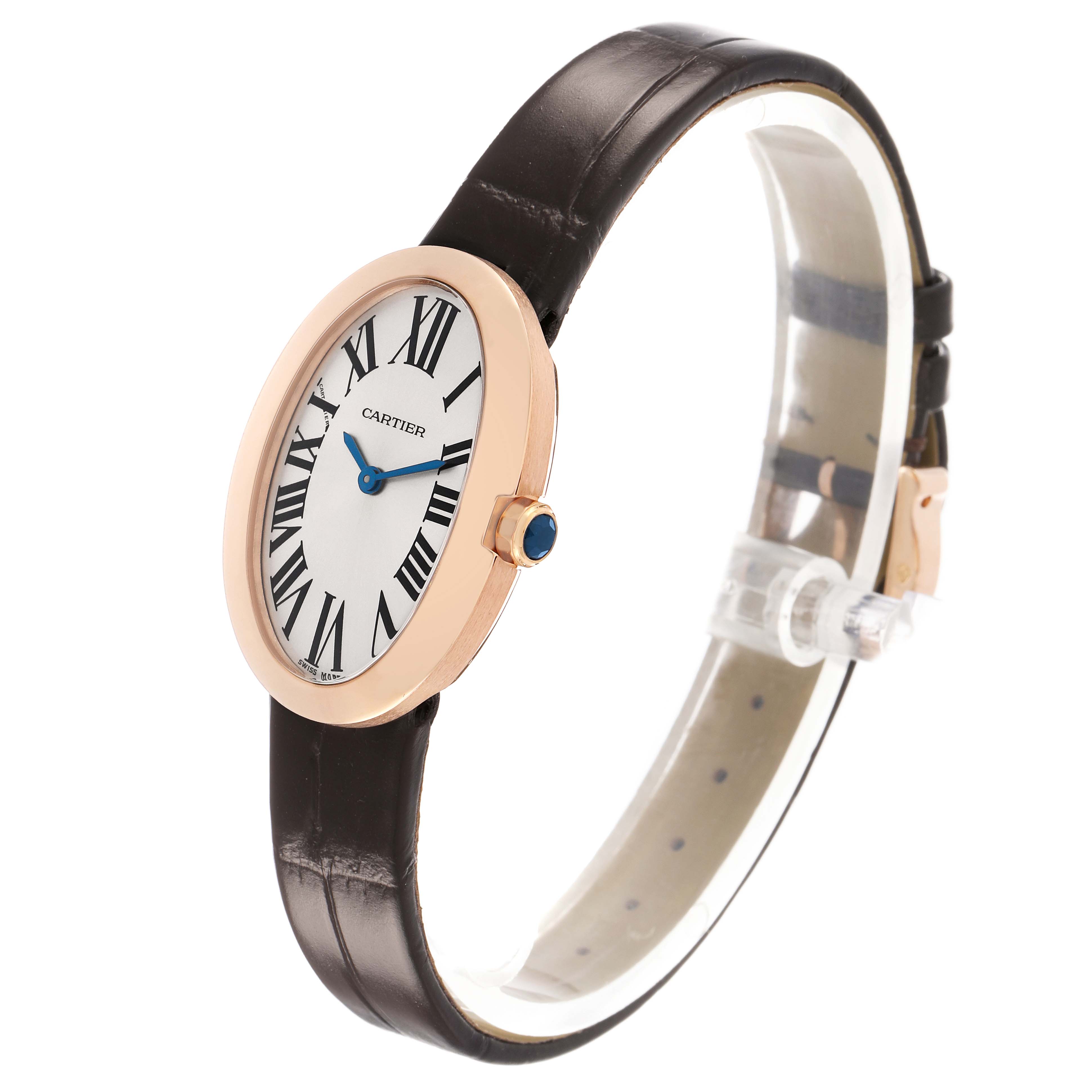 The Cartier Baignoire W8000007 Women's Rose Gold Silver Dial watch is shown at a slight angle, highlighting its oval face, Roman numerals, and leather strap.