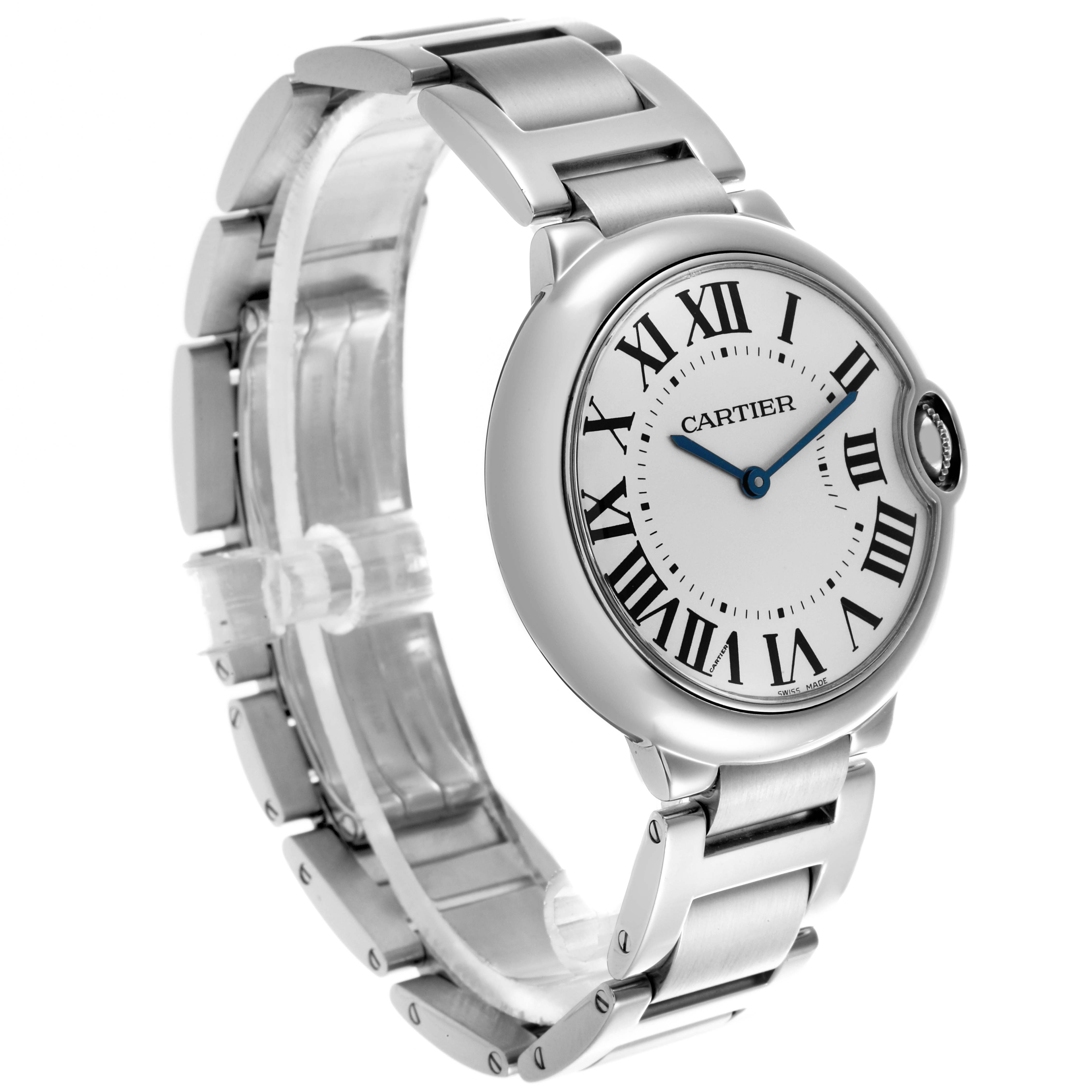 The image shows a Cartier Ballon Bleu W69011Z4 Men
s Stainless Steel Silver Dial W69011Z4 Men
s Stainless Steel Silver Dial watch at an angled side view, highlighting the face, bracelet, and crown.