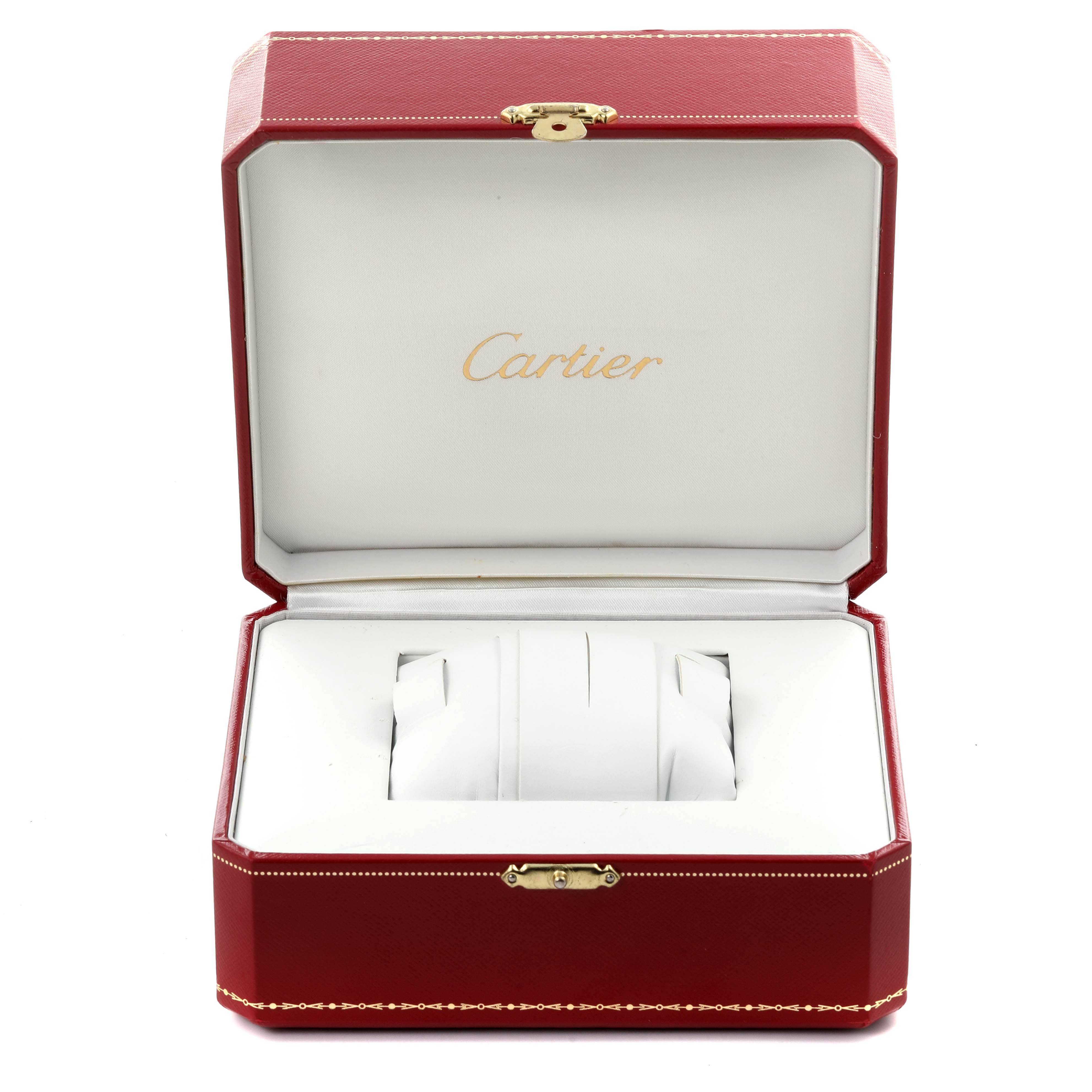 The image shows a Cartier Ballon Bleu W69011Z4 Men
s Stainless Steel Silver Dial W69011Z4 Men
s Stainless Steel Silver Dial watch box, open, displaying the interior with two white watch pillows.