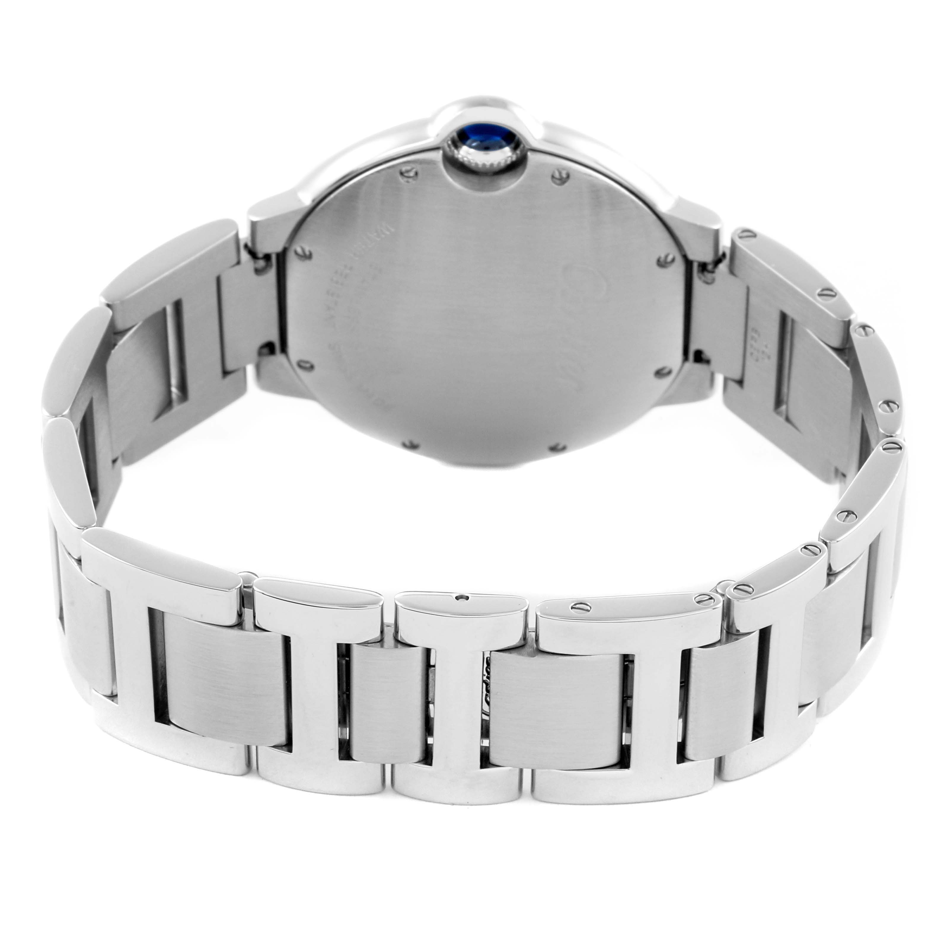 The image shows the back of a Cartier Ballon Bleu W69011Z4 Men
s Stainless Steel Silver Dial W69011Z4 Men
s Stainless Steel Silver Dial watch, focusing on the clasp and bracelet links.