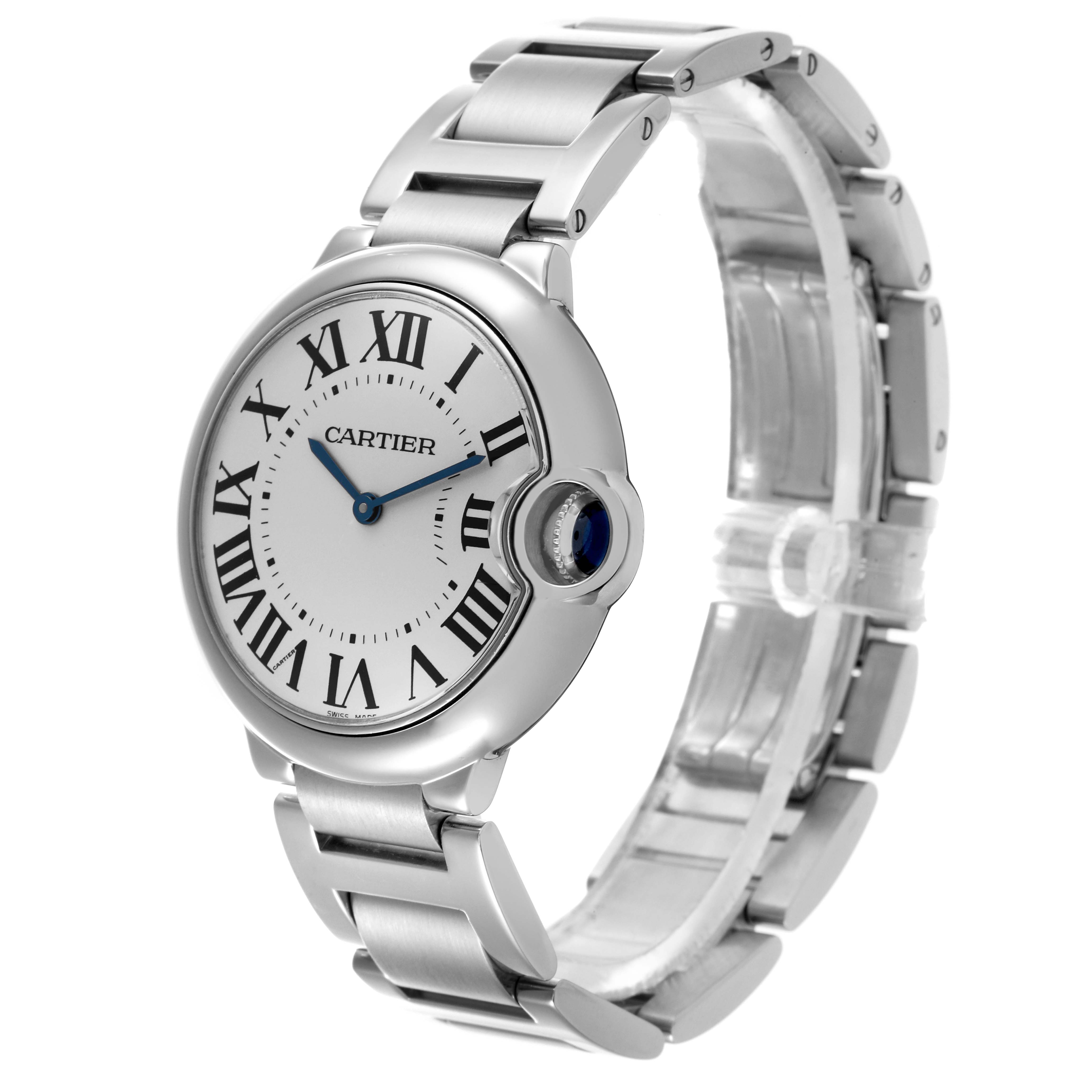 The Cartier Ballon Bleu W69011Z4 Men
s Stainless Steel Silver Dial W69011Z4 Men
s Stainless Steel Silver Dial watch is shown at a three-quarter angle, displaying the face, bracelet, and sapphire crown.