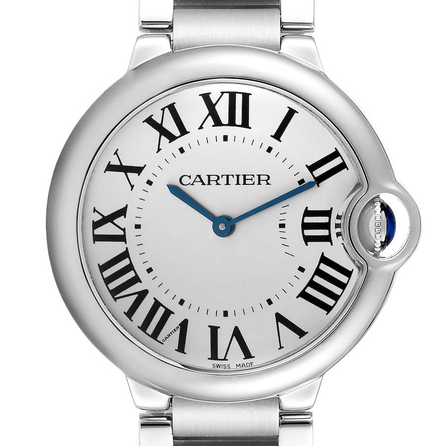 The image shows a frontal view of a Cartier Ballon Bleu watch, highlighting the dial, hands, and crown.