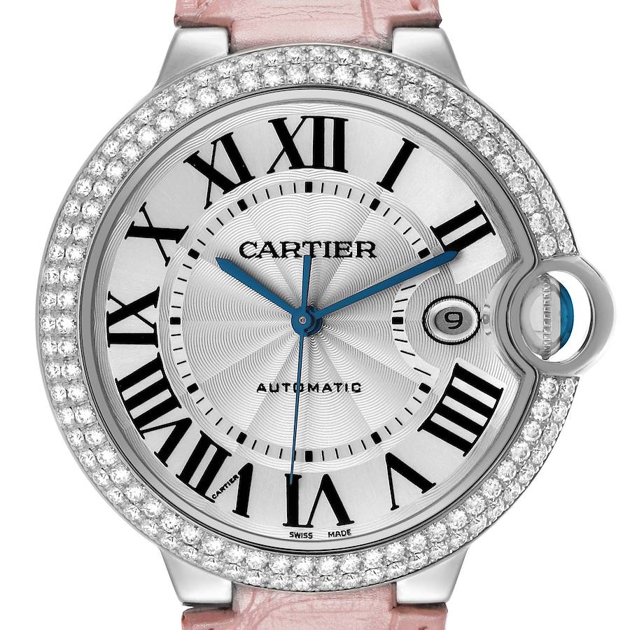The Cartier Ballon Bleu WJBB0032 Men's White Gold Silver Dial watch is shown from the front, highlighting the diamond bezel, Roman numerals, and blue sword-shaped hands.