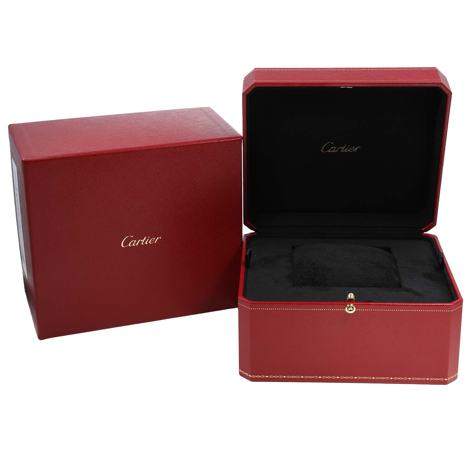 The image shows a Cartier Ballon Bleu WJBB0032 Men's White Gold Silver Dial watch box set, including a closed outer box and an open inner box with a cushion inside.