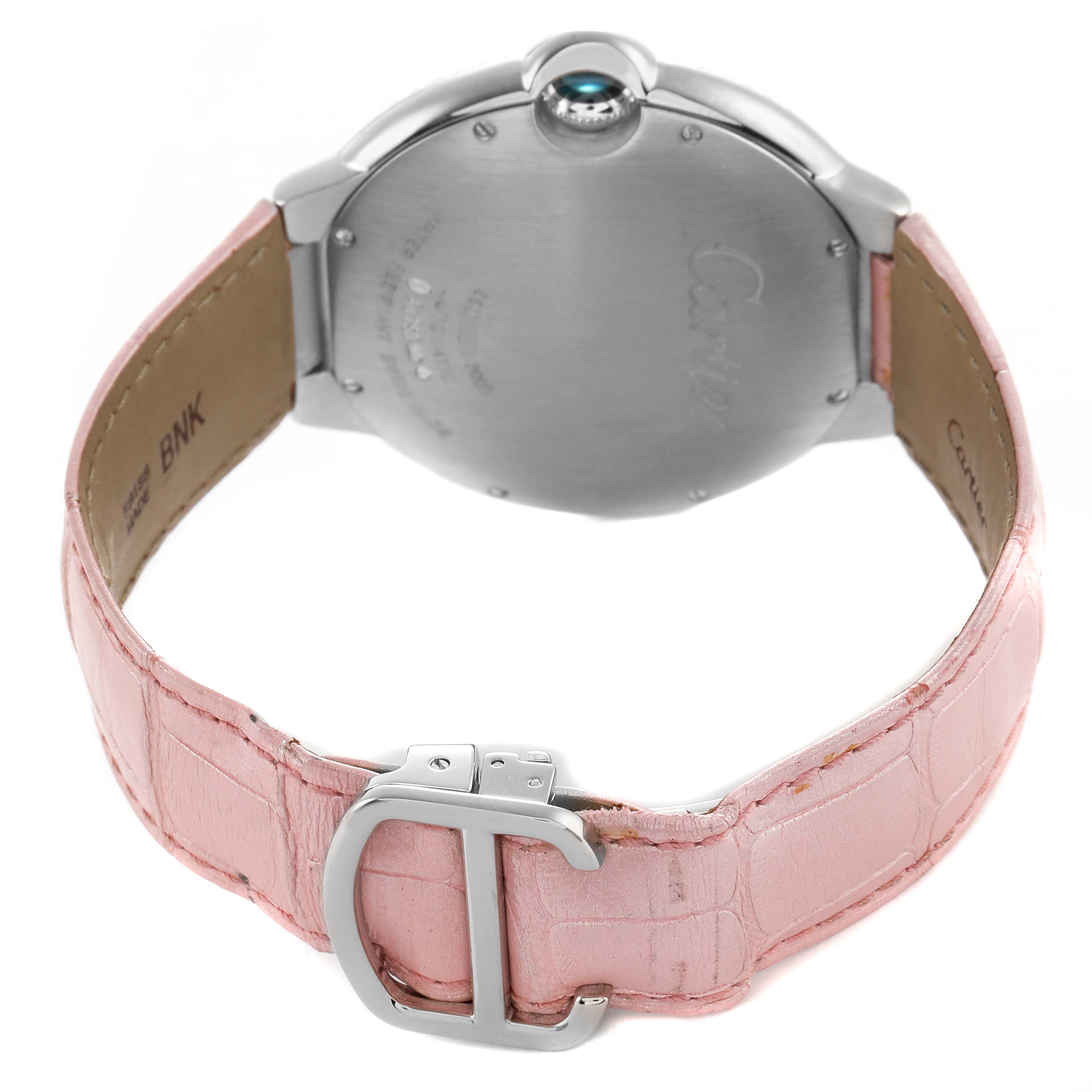 The image shows the back of a Cartier Ballon Bleu WJBB0032 Men's White Gold Silver Dial watch with a pink leather strap and a visible clasp.