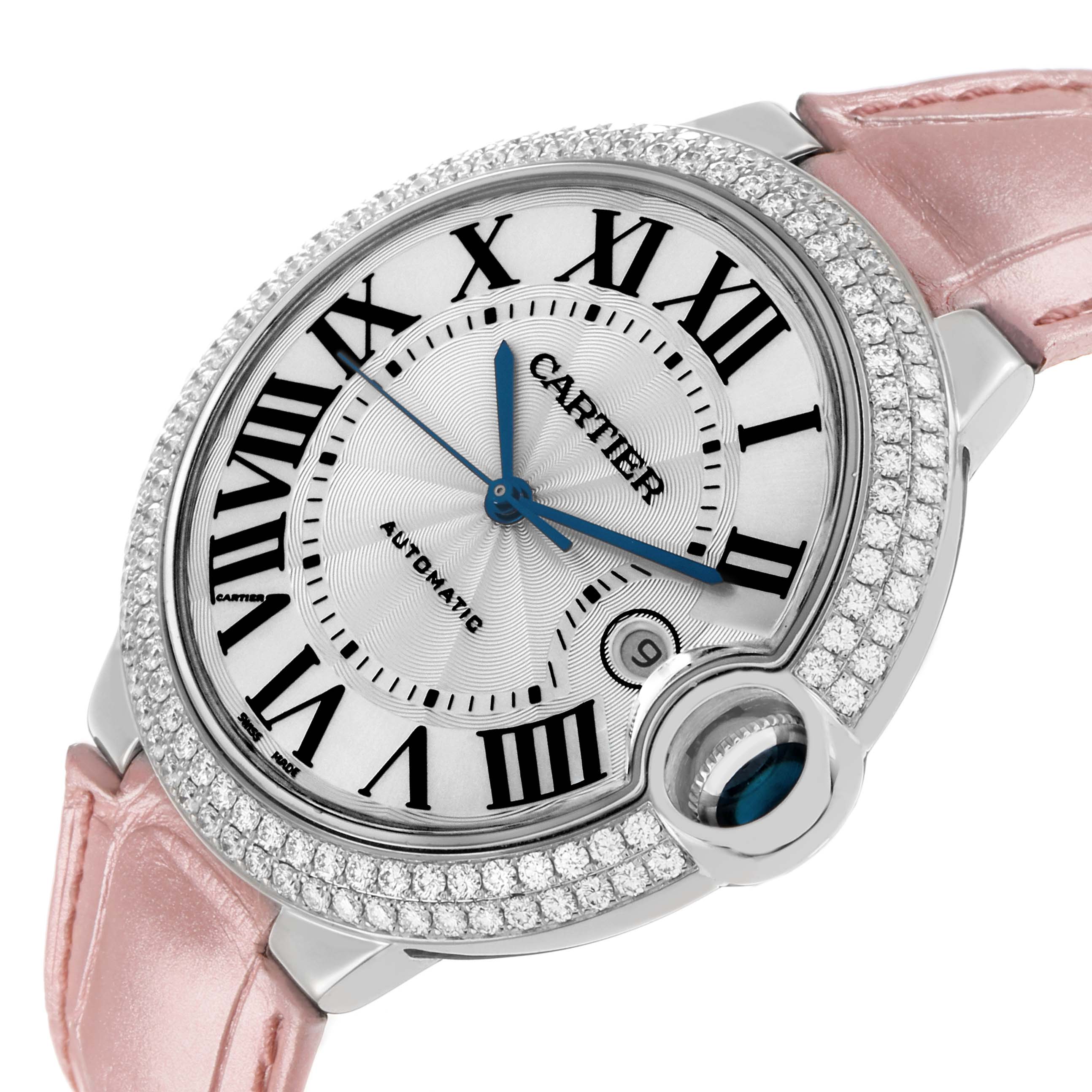 The image shows a close-up of the Cartier Ballon Bleu WJBB0032 Men's White Gold Silver Dial watch face, bezel, and pink strap at an angled view.