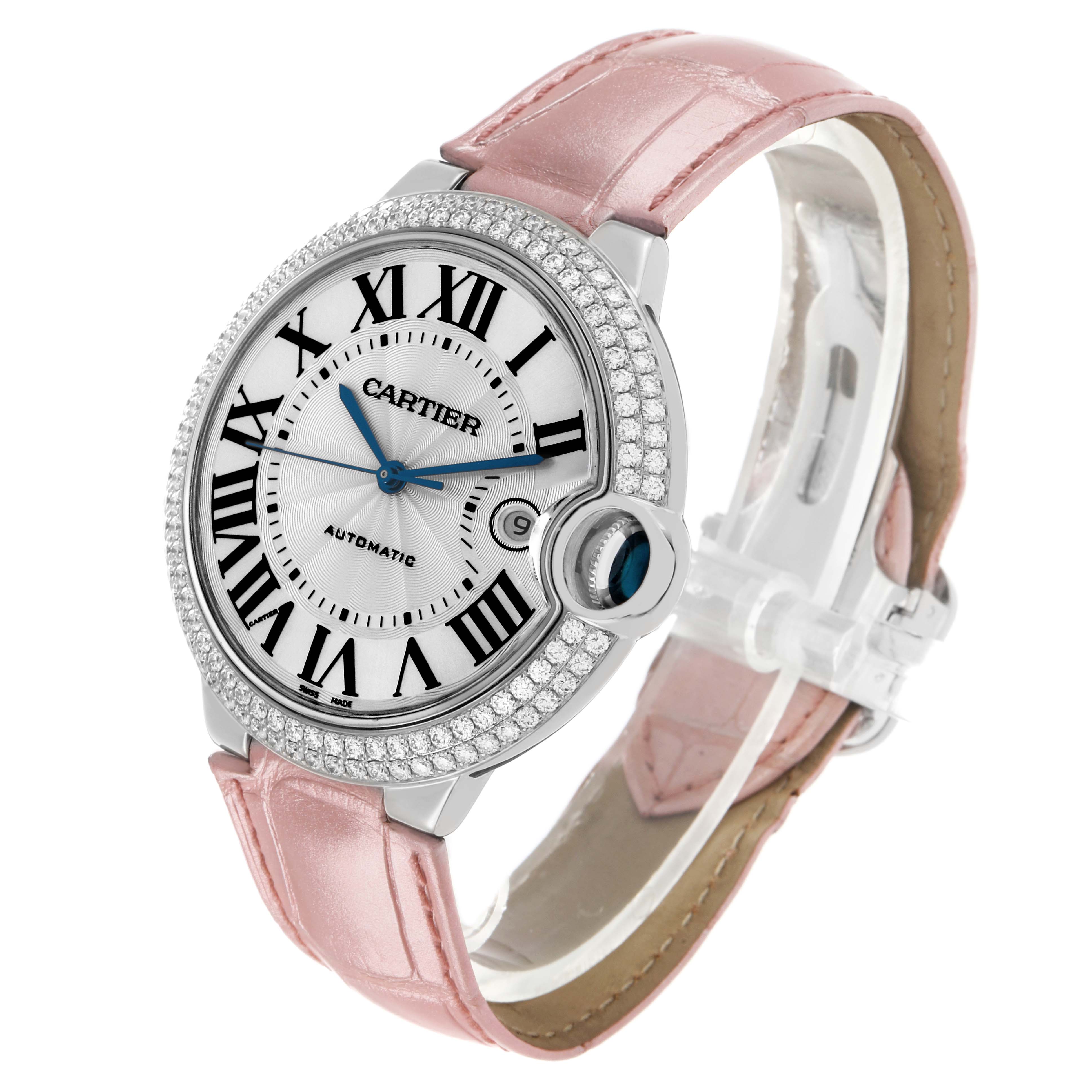 The Cartier Ballon Bleu WJBB0032 Men's White Gold Silver Dial watch is shown at a front angle, displaying its dial, diamond-set bezel, and pink leather strap.