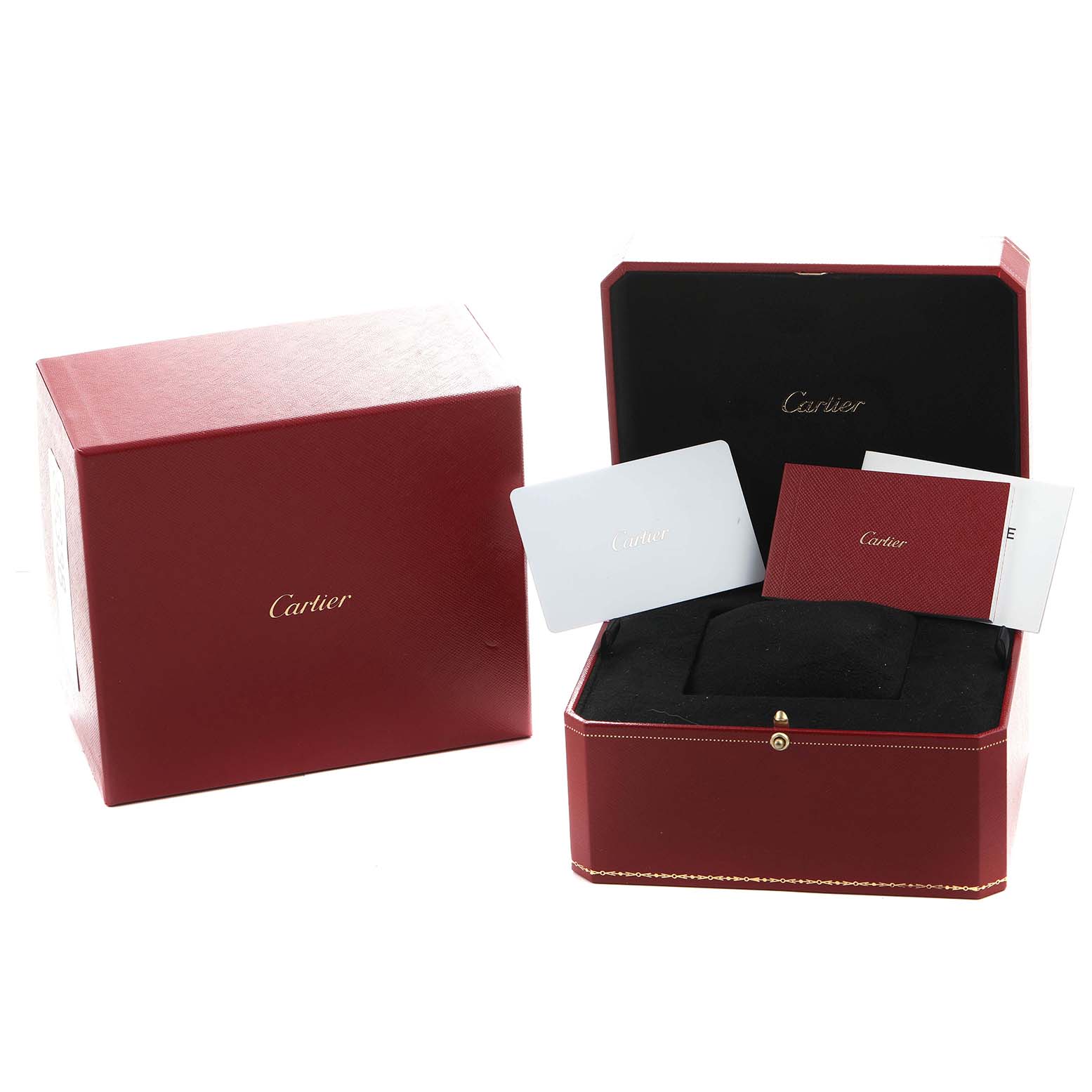 The image shows a Cartier Panthère watch box, open with booklets and cards inside, alongside a closed outer box.
