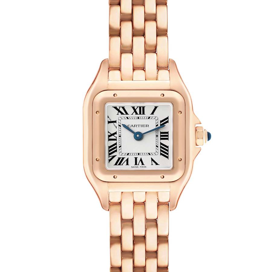 The image shows a front view of the Cartier Panthère watch, highlighting its square dial, Roman numerals, and metal bracelet.
