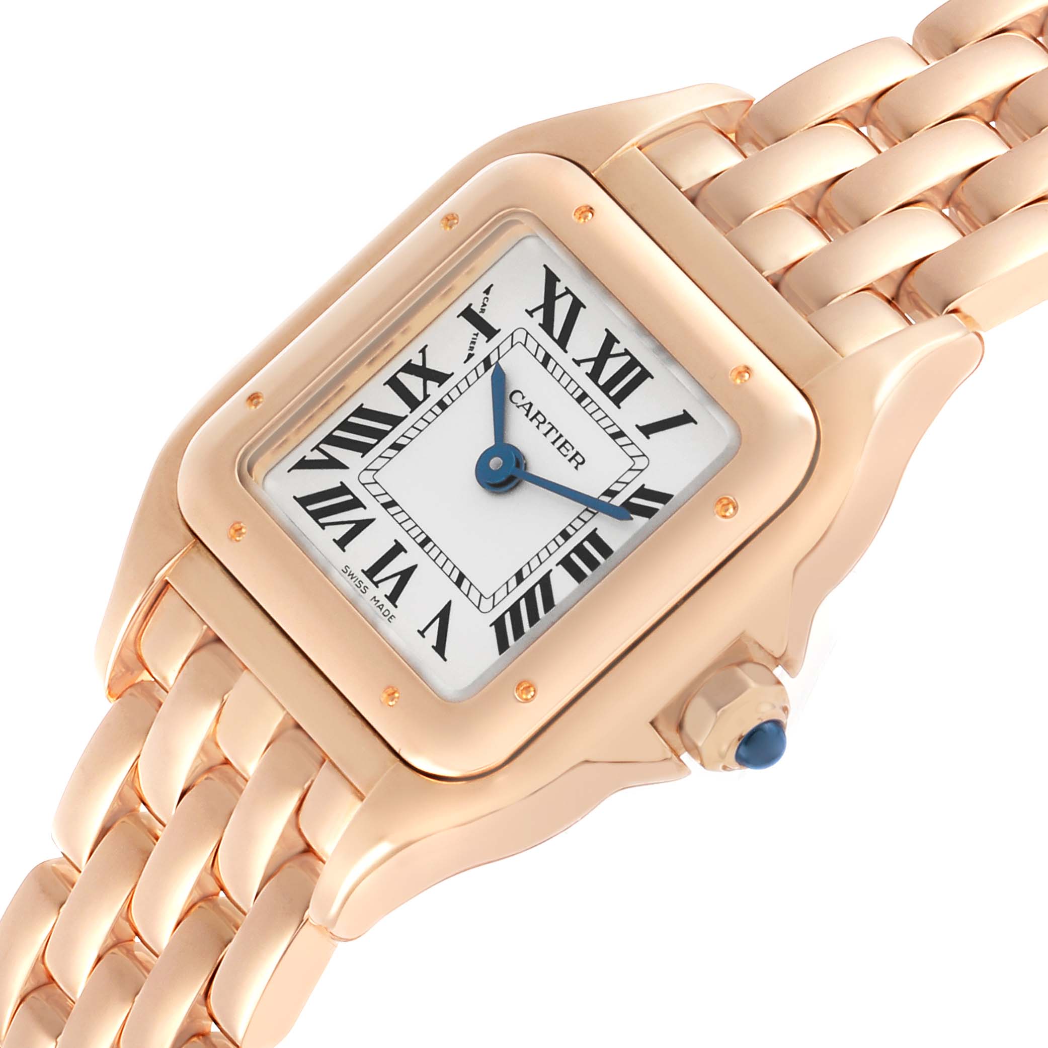 The Cartier Panthere WGPN0040 Women's Rose Gold Silver Dial watch is shown from an angled top view, highlighting the case, dial, crown, and bracelet.