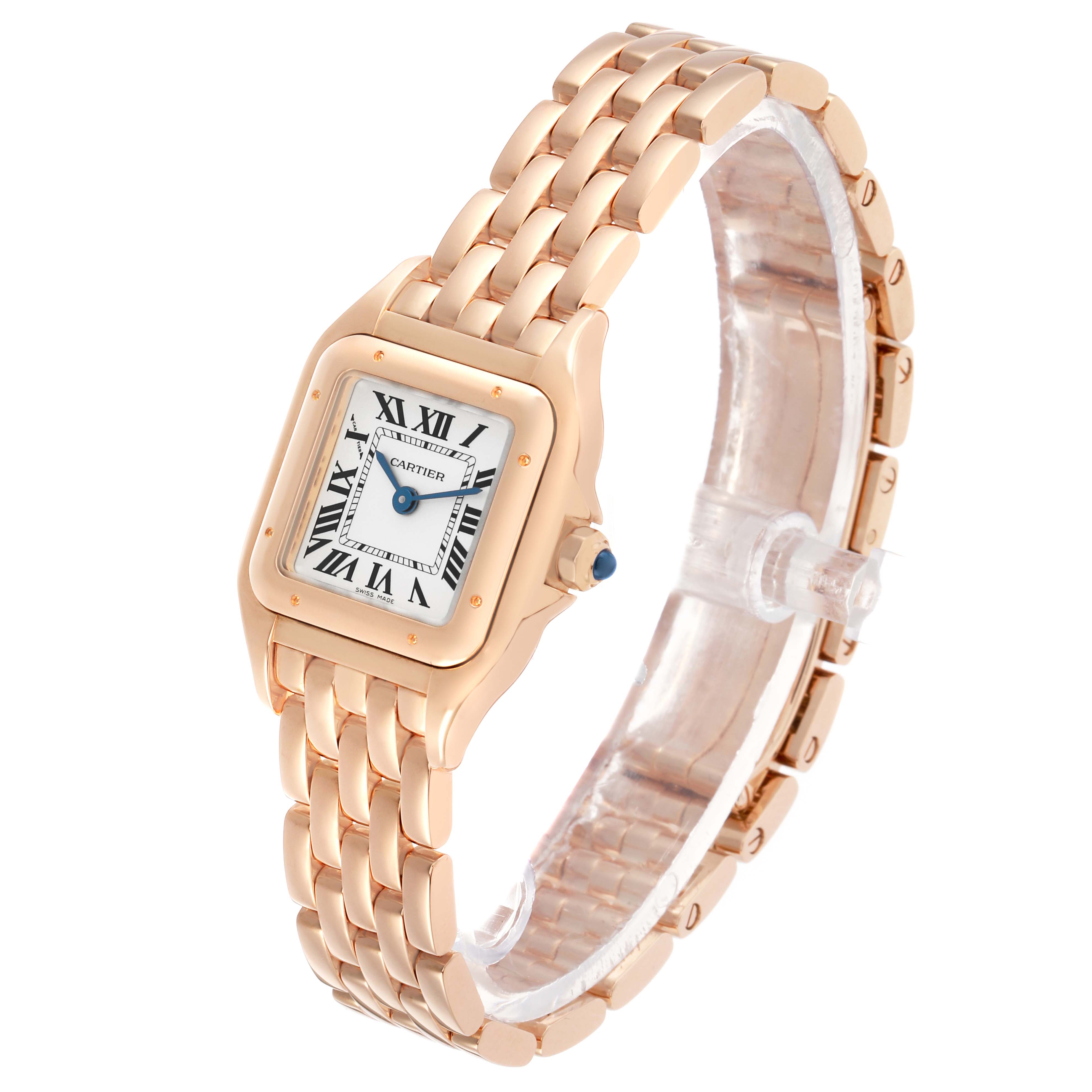 The Cartier Panthère watch is shown at a three-quarter angle, highlighting the face, bezel, crown, and bracelet.