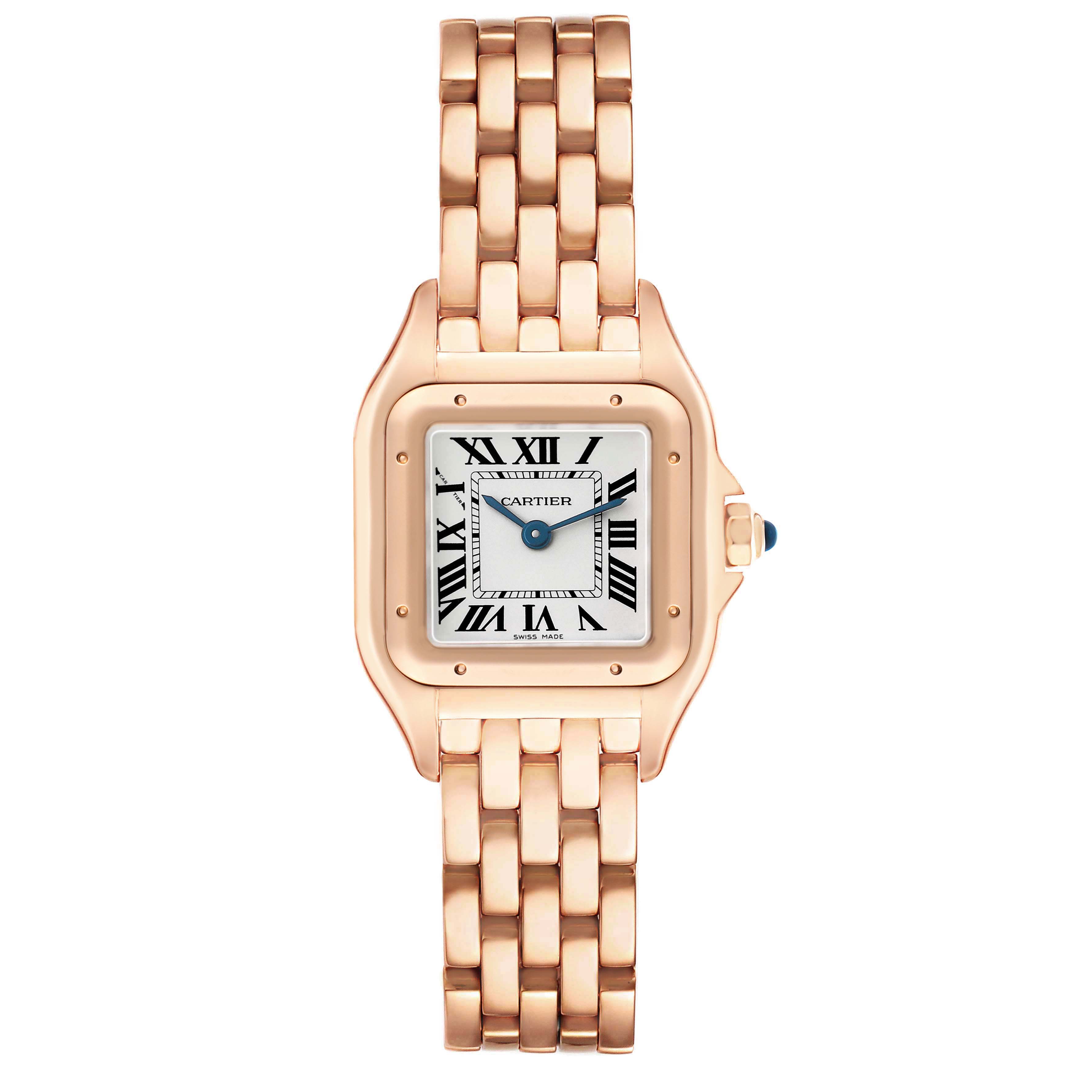 The Cartier Panthere WGPN0040 Women's Rose Gold Silver Dial watch is shown from the front, displaying its square face, Roman numerals, and gold link bracelet.