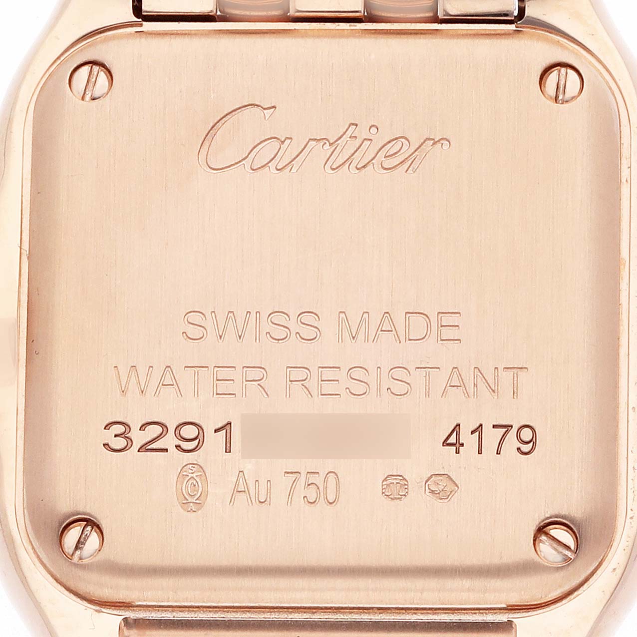 The image shows the back case of a Cartier Panthère watch, highlighting the brand, model, and specifications.