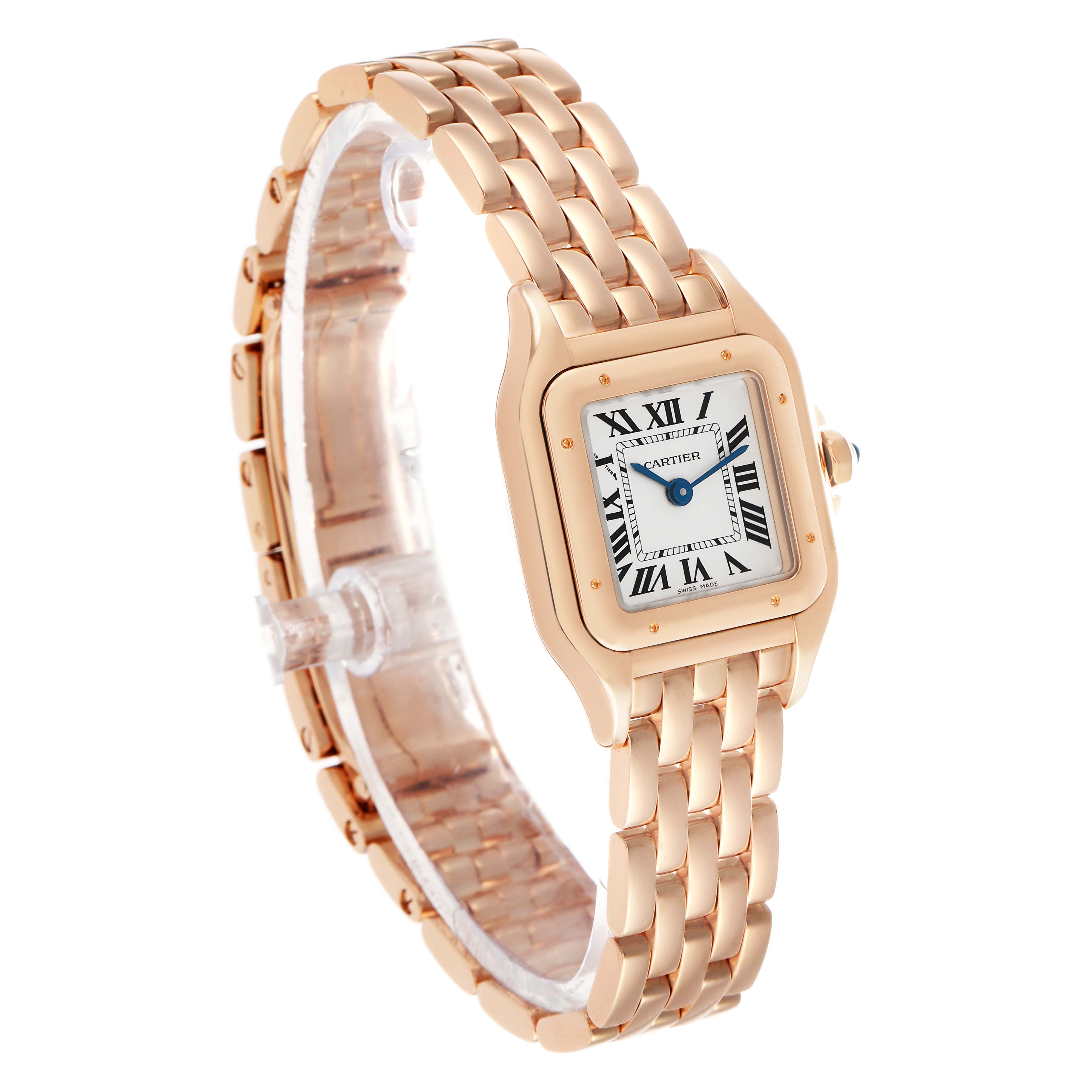 The Cartier Panthère watch is shown at a front angle, highlighting its square face, Roman numerals, and gold bracelet.